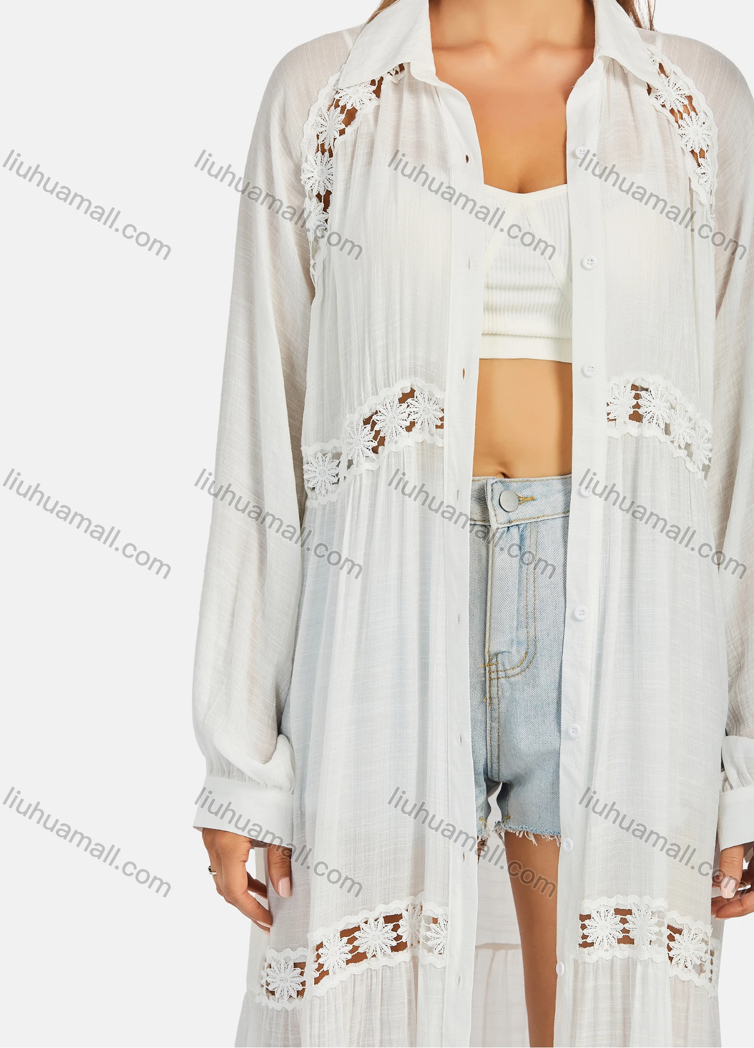 Wholesale Women's Casual Long Sleeve Embroidery Hollow Out Button Down Long Robe Cardigan B114# - Liuhuamall