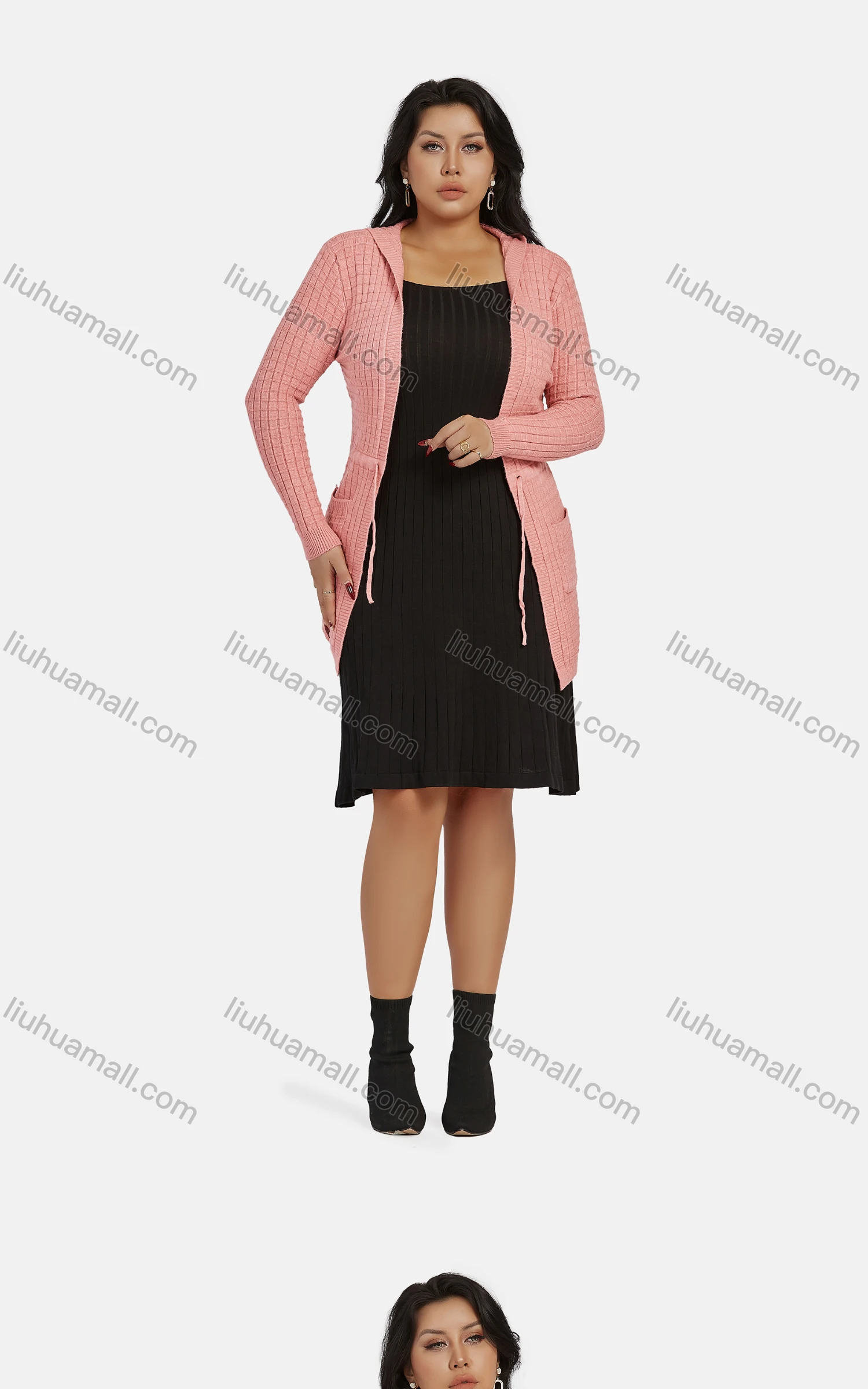 Wholesale Women's Casual Hooded Long Sleeve Lace Up Mid Length Waffle Knit Cardigan F904# - Liuhuamall