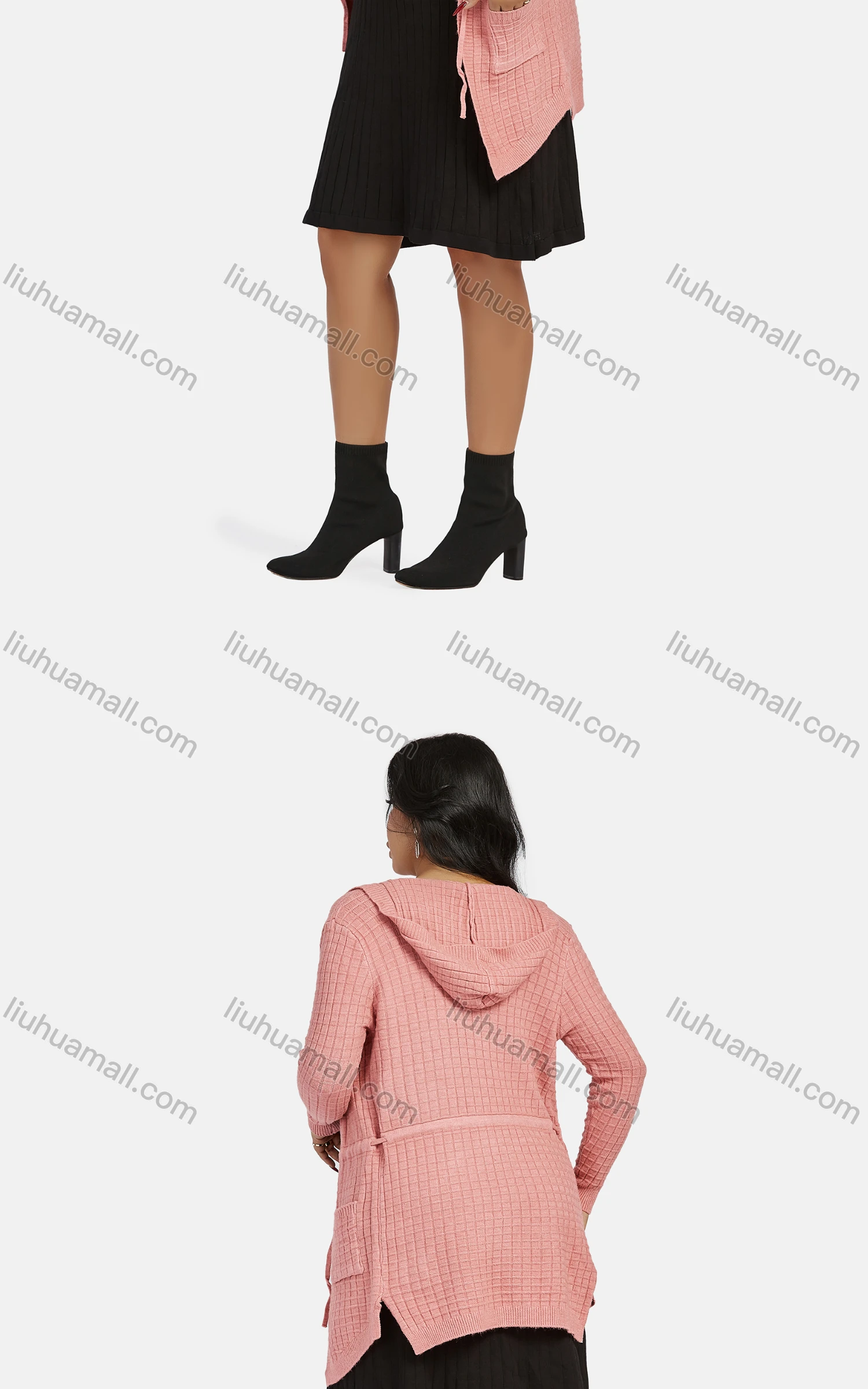 Wholesale Women's Casual Hooded Long Sleeve Lace Up Mid Length Waffle Knit Cardigan F904# - Liuhuamall