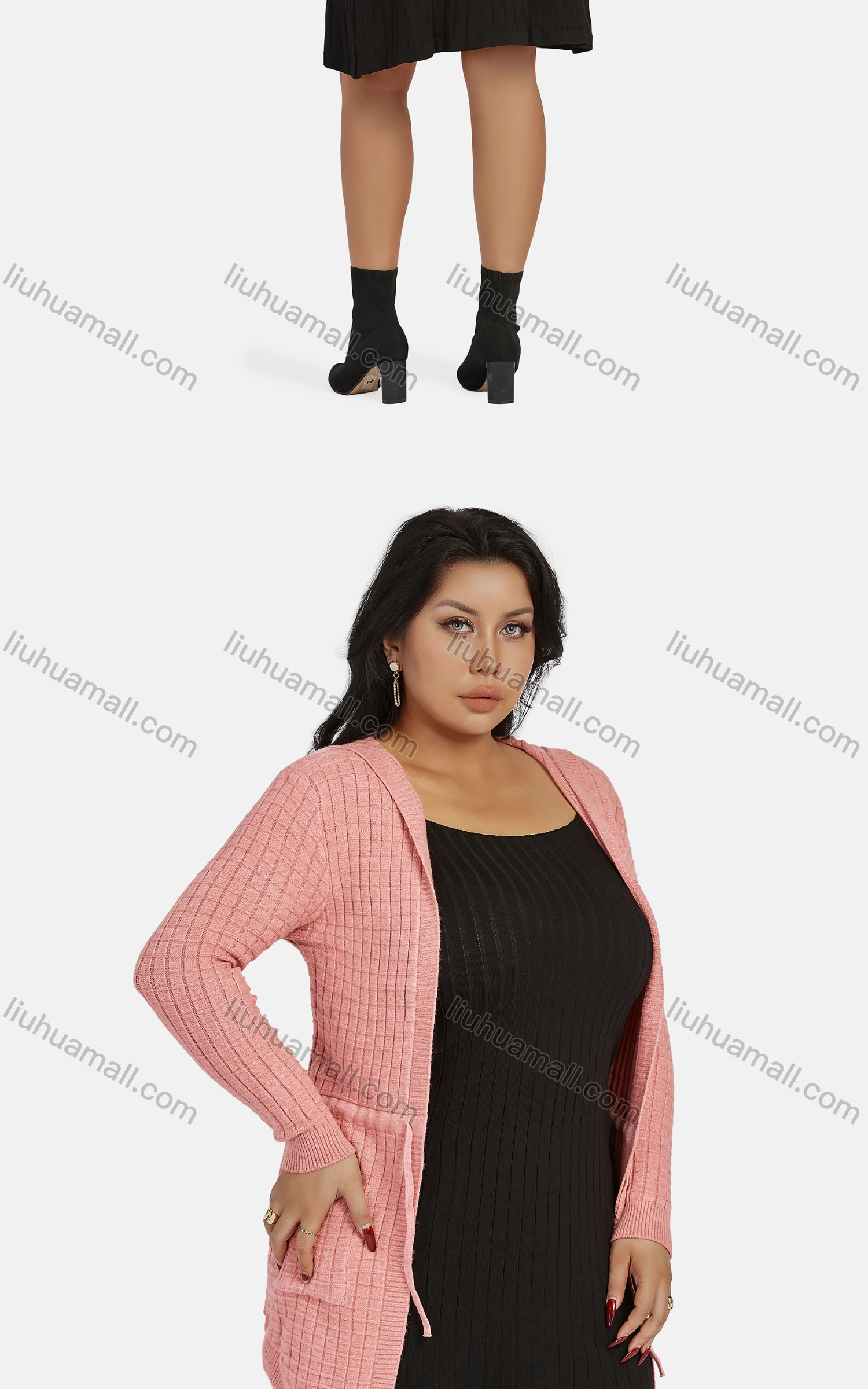 Wholesale Women's Casual Hooded Long Sleeve Lace Up Mid Length Waffle Knit Cardigan F904# - Liuhuamall