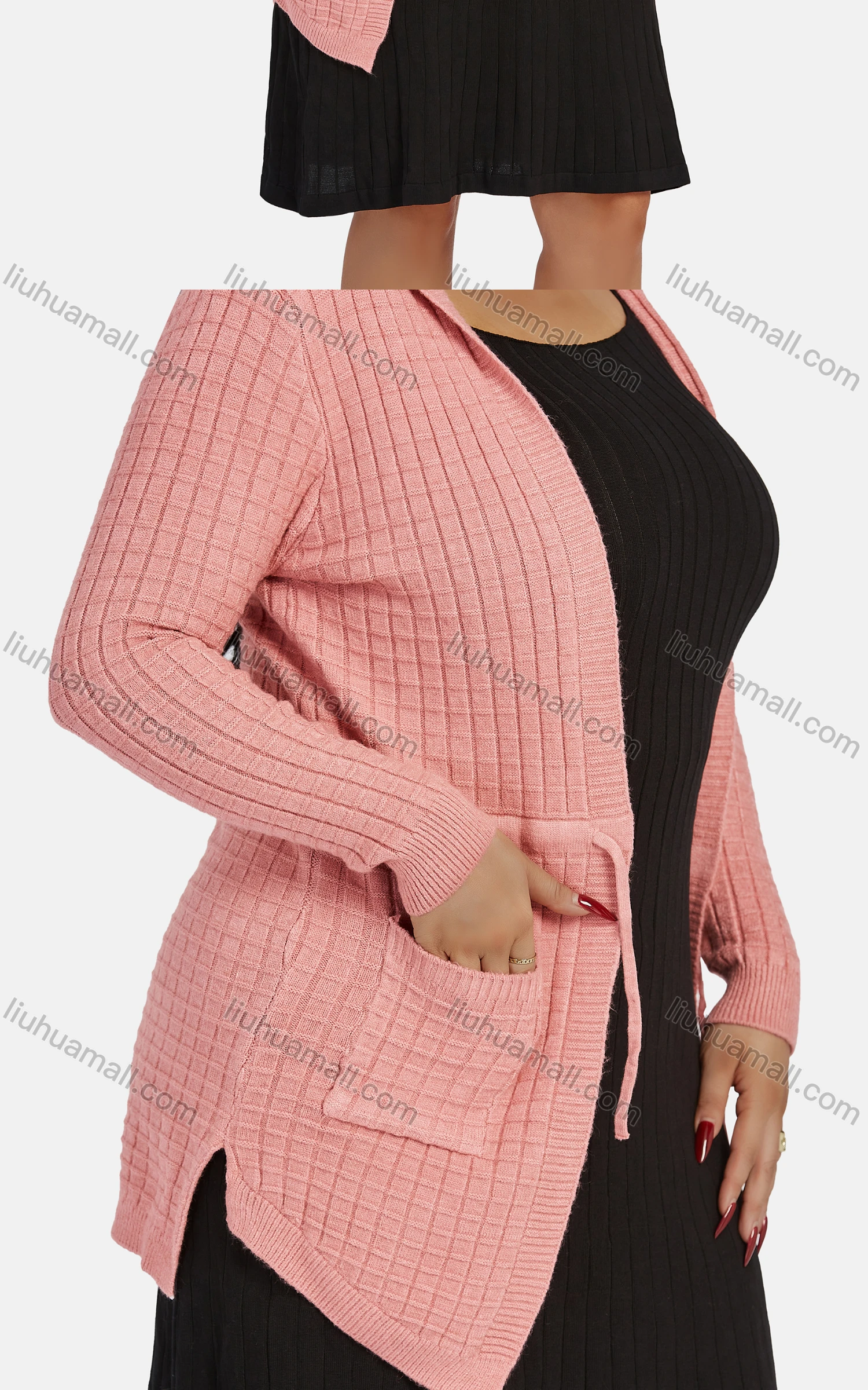 Wholesale Women's Casual Hooded Long Sleeve Lace Up Mid Length Waffle Knit Cardigan F904# - Liuhuamall