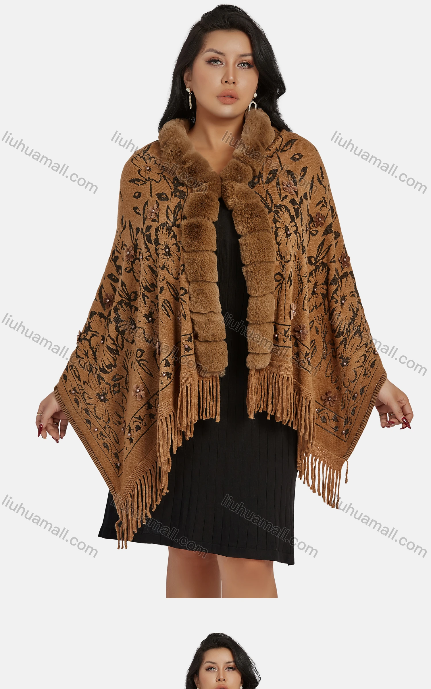 Wholesale Women's Casual Fuzzy Collar Appliques Floral Pearl Decor Scarf Hem Cape 2861# - Liuhuamall