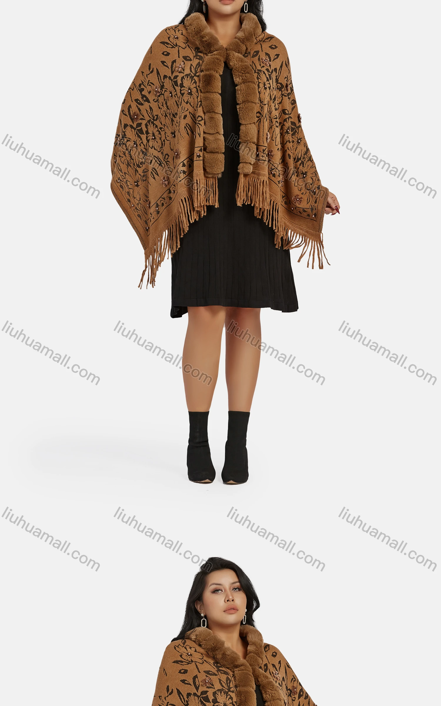 Wholesale Women's Casual Fuzzy Collar Appliques Floral Pearl Decor Scarf Hem Cape 2861# - Liuhuamall