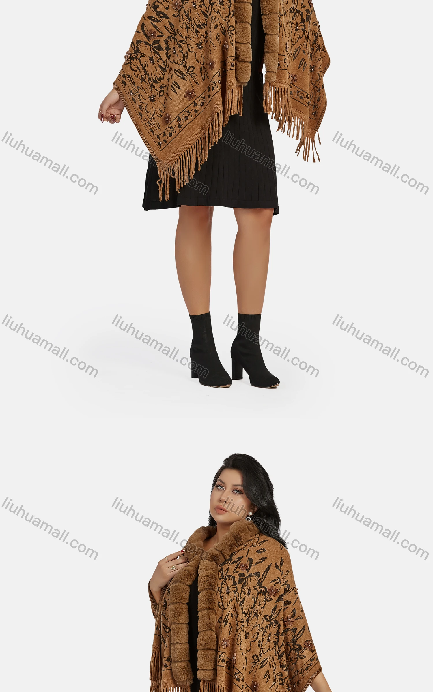 Wholesale Women's Casual Fuzzy Collar Appliques Floral Pearl Decor Scarf Hem Cape 2861# - Liuhuamall