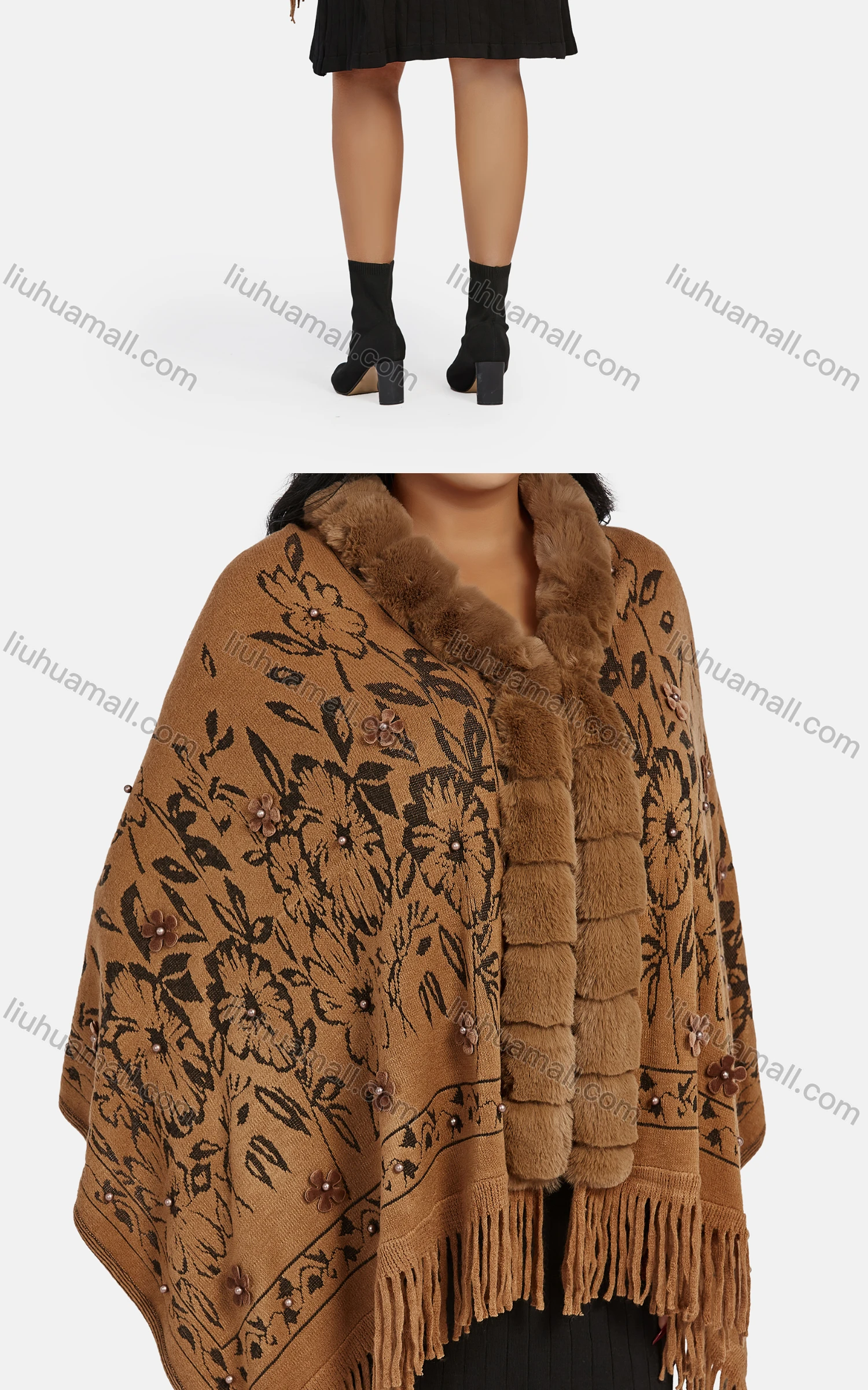 Wholesale Women's Casual Fuzzy Collar Appliques Floral Pearl Decor Scarf Hem Cape 2861# - Liuhuamall
