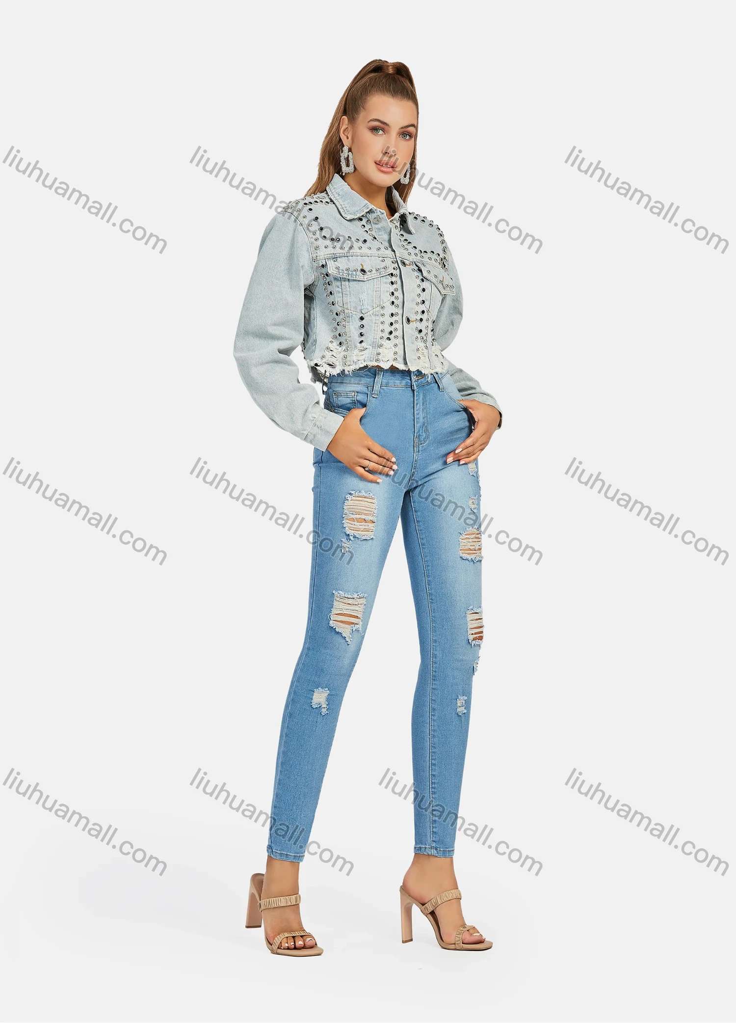 Wholesale Women's Casual Distressed Ripped Frayed Raw Hem Rivet Rhinestone Decor Long Sleeve Button Down Crop Denim Jacklet - Liuhuamall