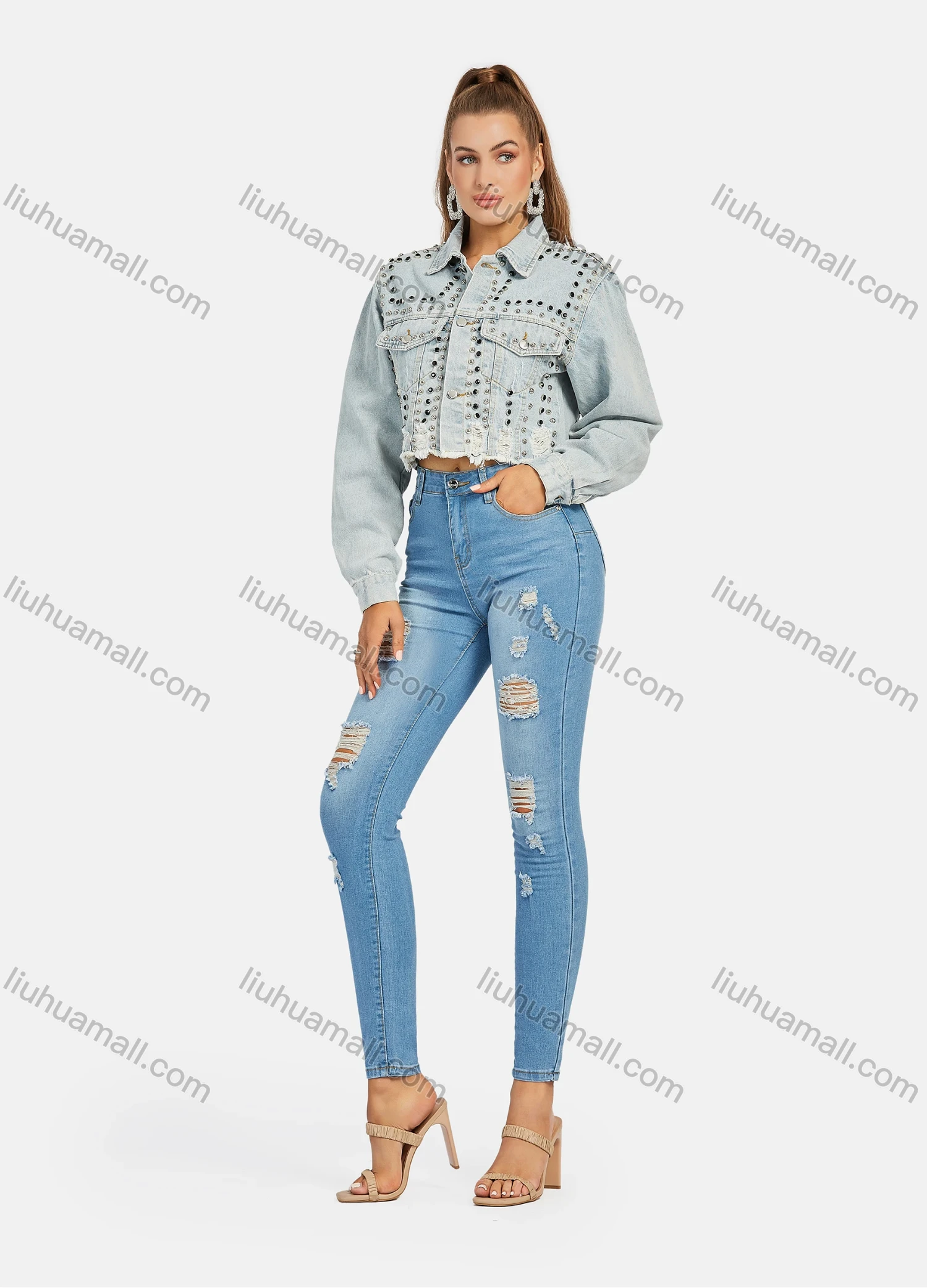 Wholesale Women's Casual Distressed Ripped Frayed Raw Hem Rivet Rhinestone Decor Long Sleeve Button Down Crop Denim Jacklet - Liuhuamall