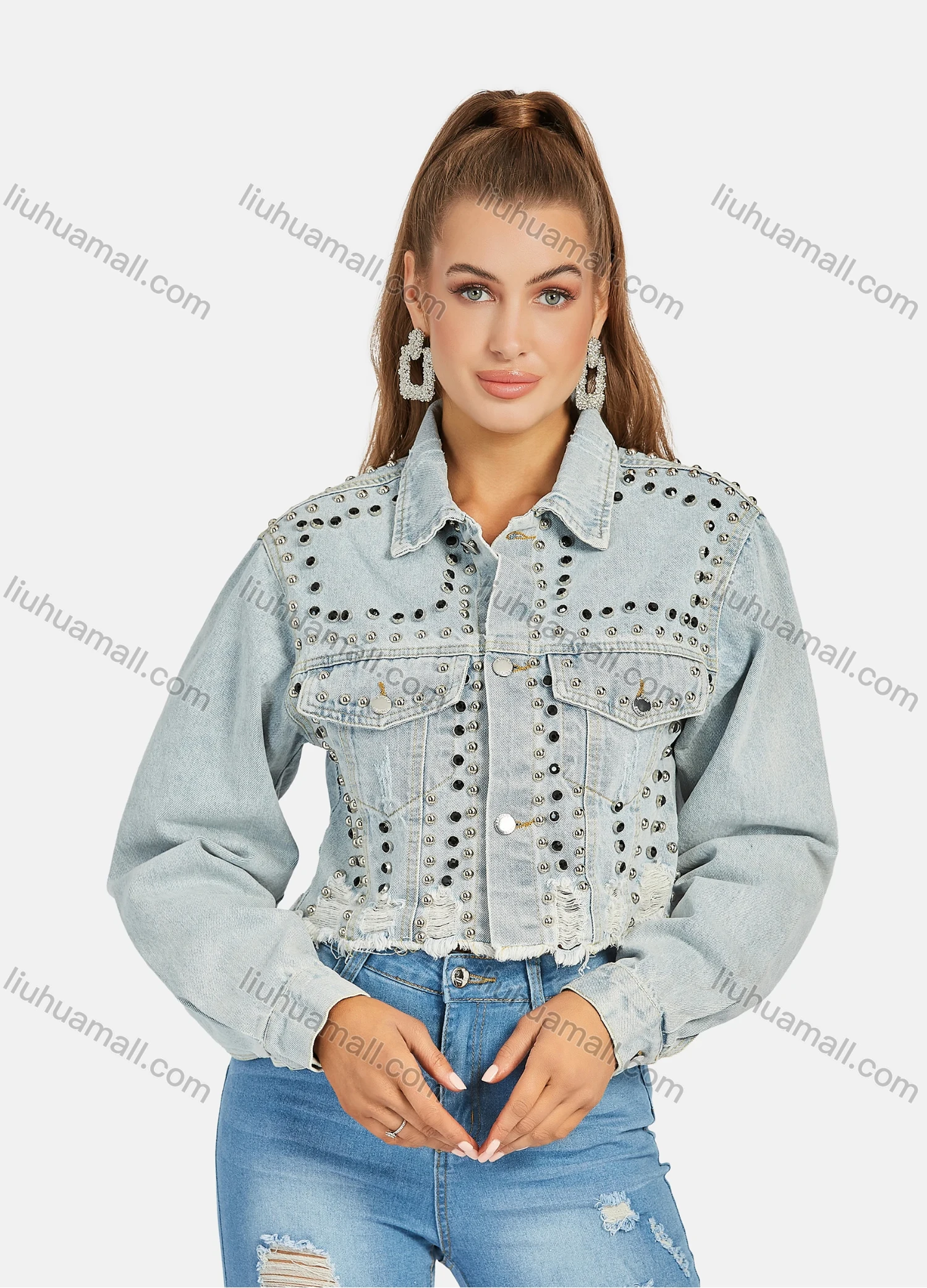 Wholesale Women's Casual Distressed Ripped Frayed Raw Hem Rivet Rhinestone Decor Long Sleeve Button Down Crop Denim Jacklet - Liuhuamall