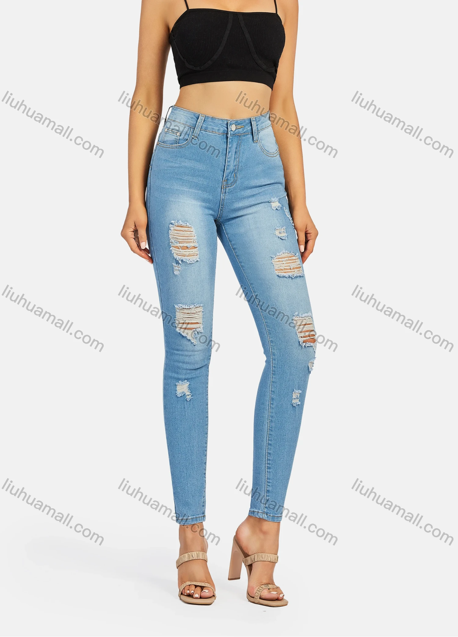 Wholesale Women's Casual Distressed Ripped Skinny Fit Ankle Length High Waist Denim Pants - Liuhuamall