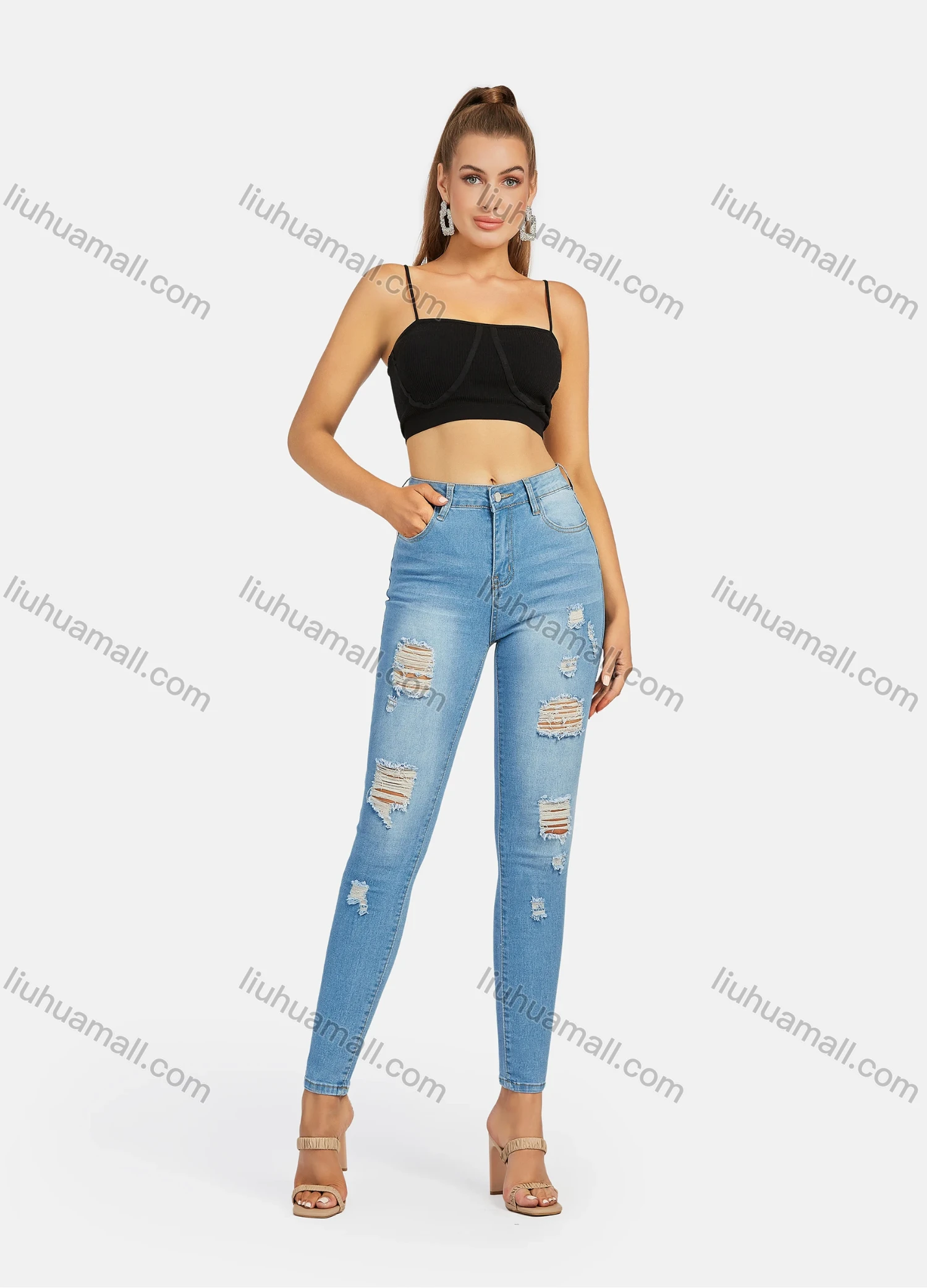 Wholesale Women's Casual Distressed Ripped Skinny Fit Ankle Length High Waist Denim Pants - Liuhuamall