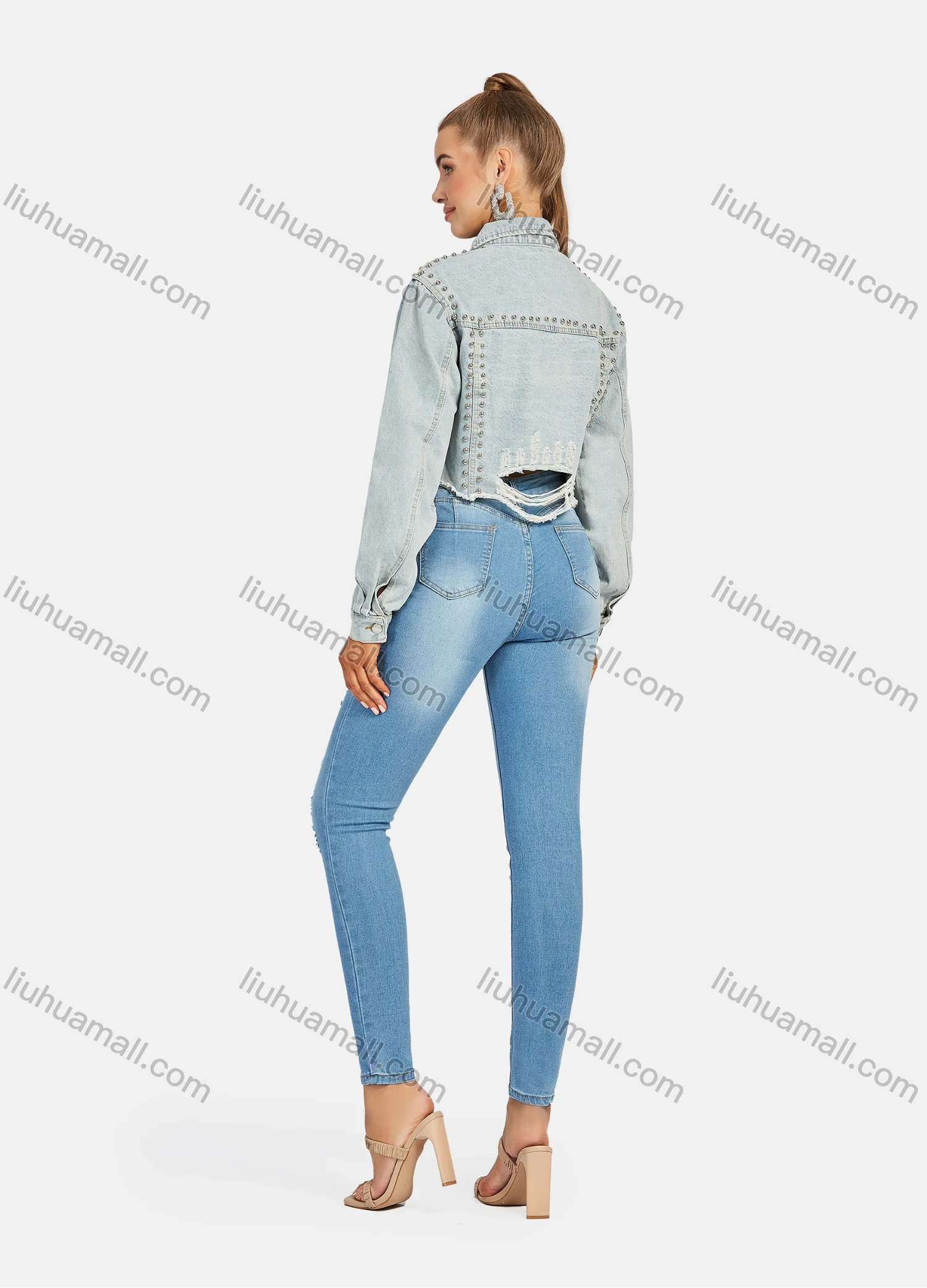 Wholesale Women's Casual Distressed Ripped Skinny Fit Ankle Length High Waist Denim Pants - Liuhuamall