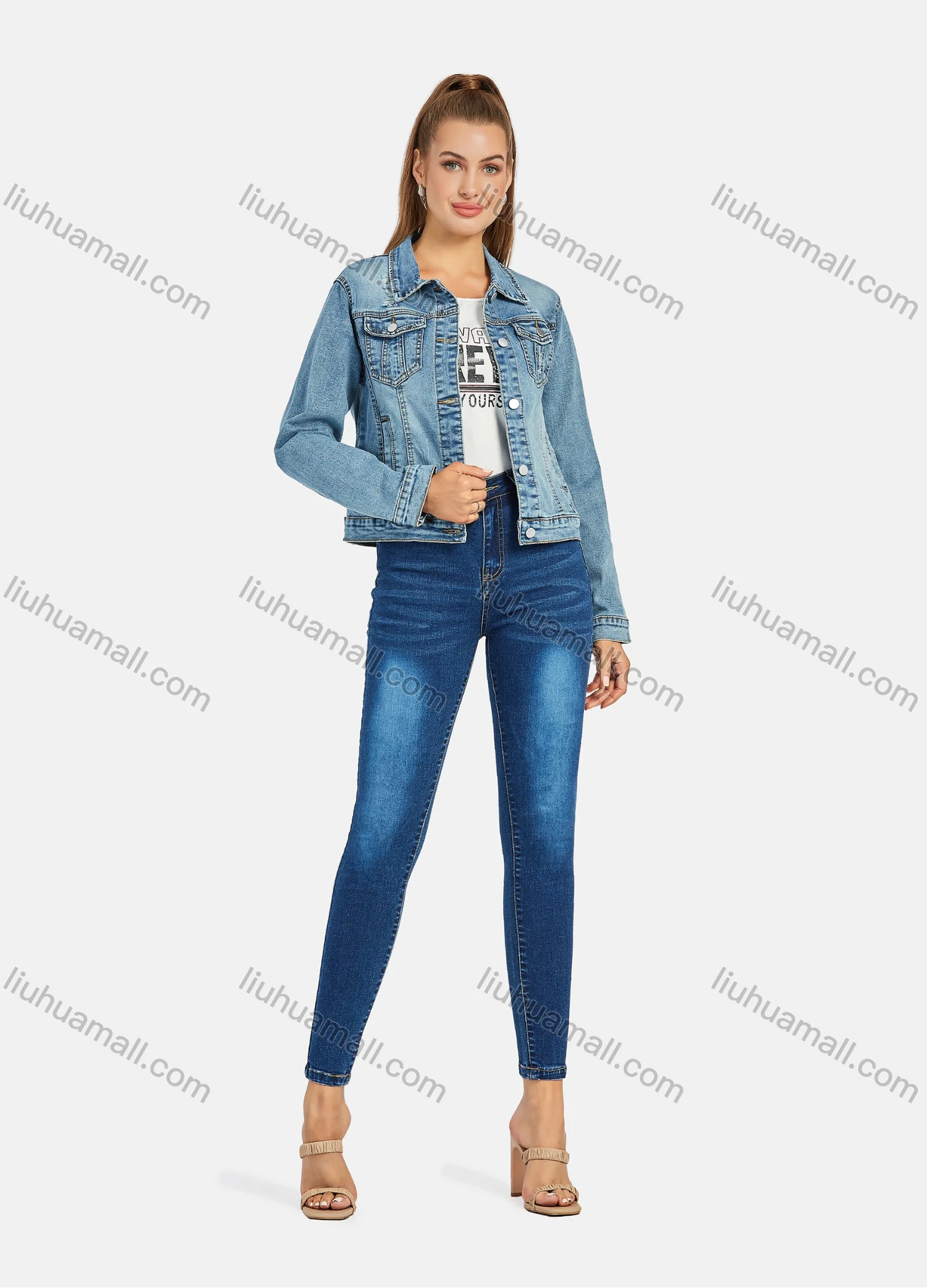 Wholesale Women's Casual Distressed Ripped Flap Pockets Long Sleeve Button Down Denim Jacklet - Liuhuamall