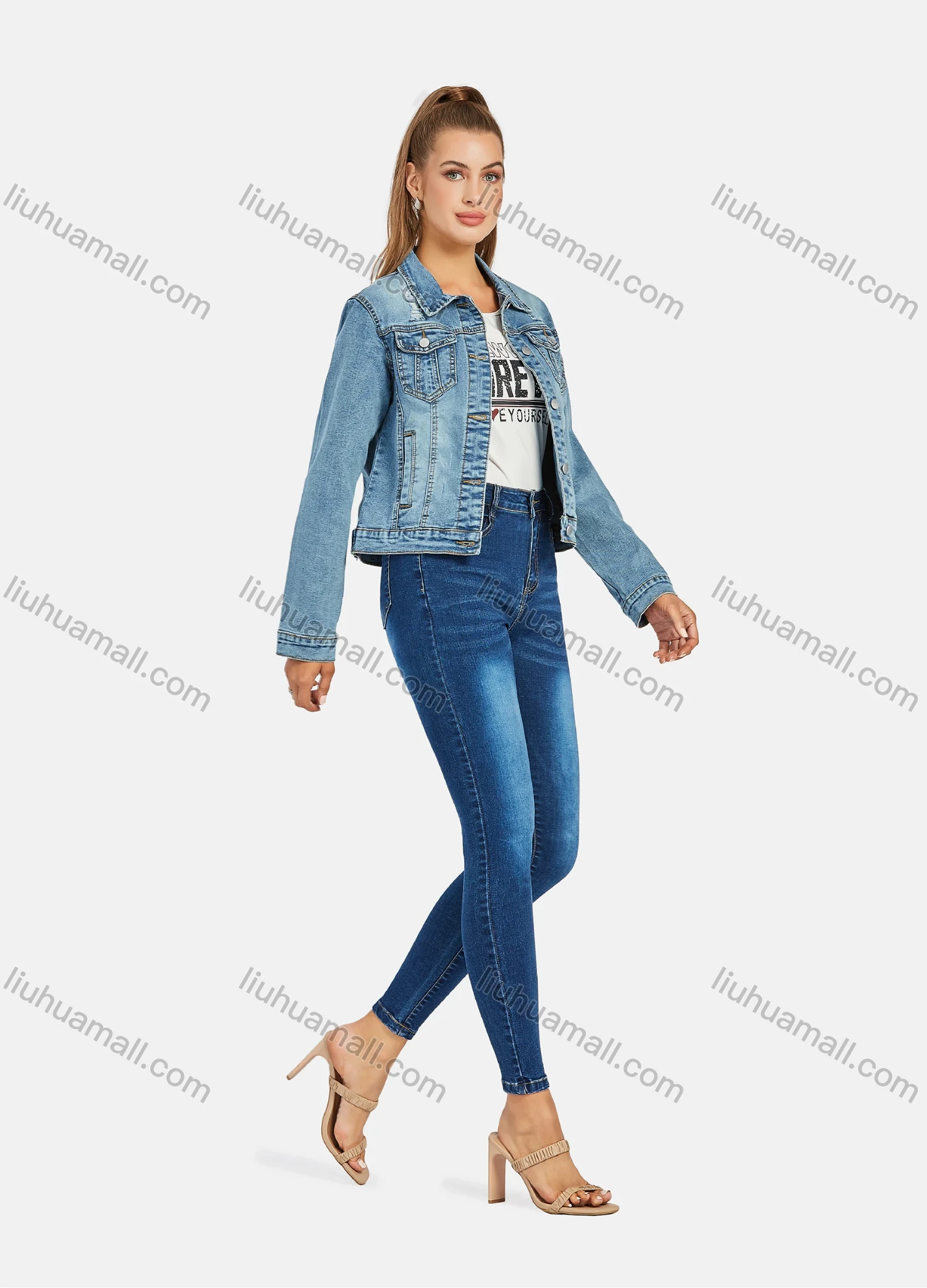 Wholesale Women's Casual Distressed Ripped Flap Pockets Long Sleeve Button Down Denim Jacklet - Liuhuamall