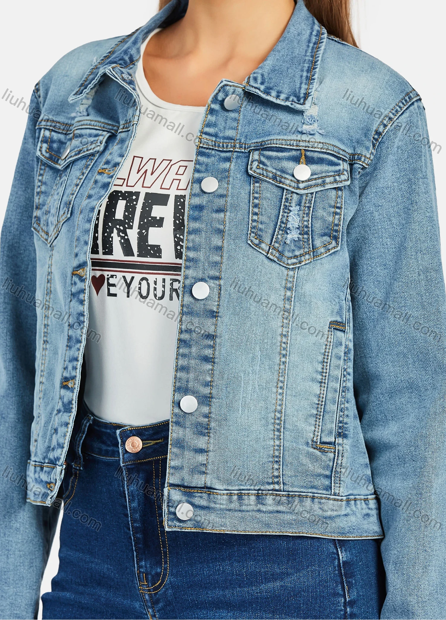 Wholesale Women's Casual Distressed Ripped Flap Pockets Long Sleeve Button Down Denim Jacklet - Liuhuamall