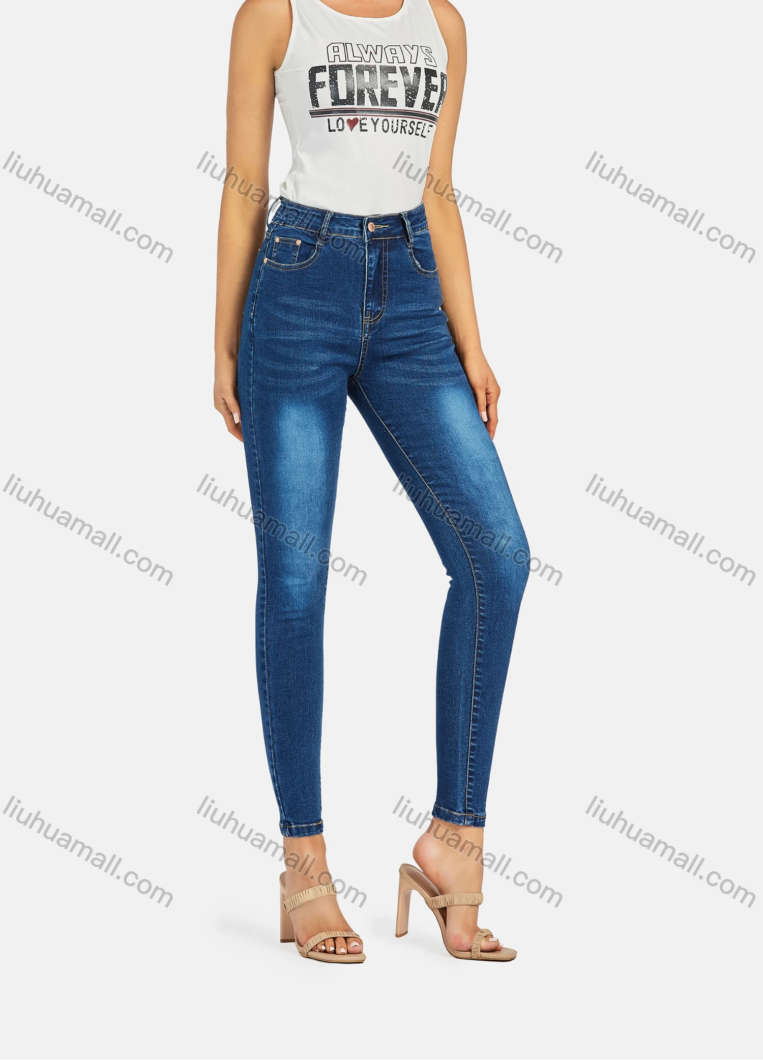 Wholesale Women's Casual Distressed Skinny Fit Ankle Length High Waist Denim Pants - Liuhuamall