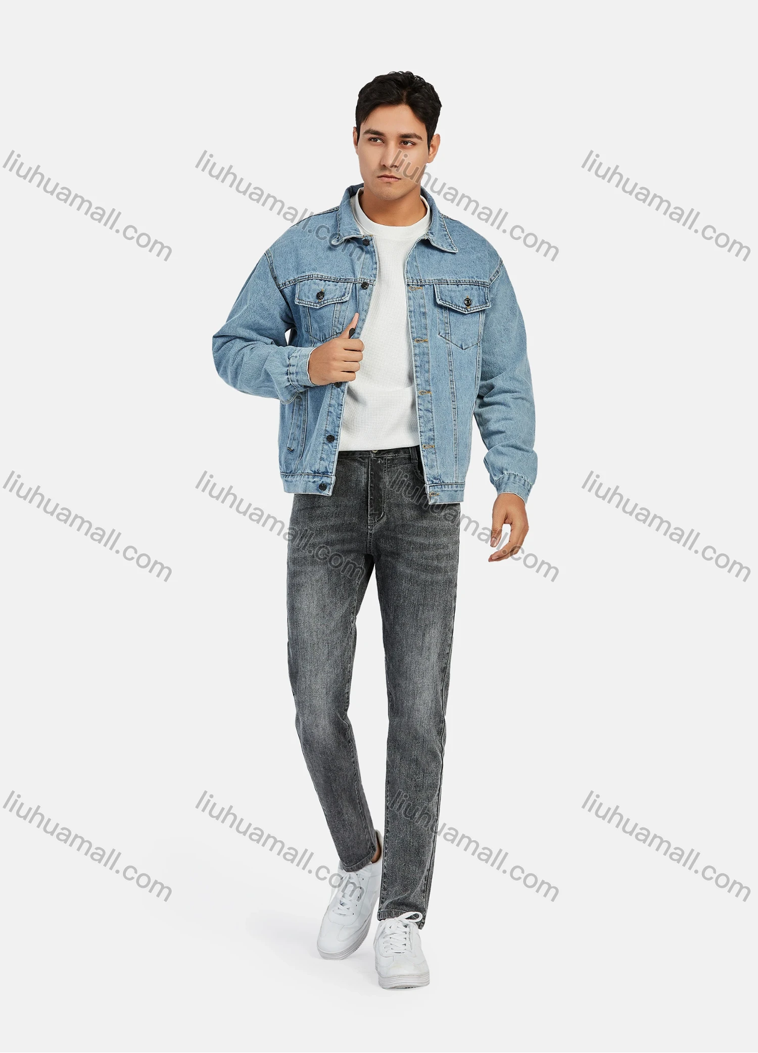 Wholesale Men's Casual Distressed Flap Pockets Long Sleeve Button Down Denim Jacklet - Liuhuamall