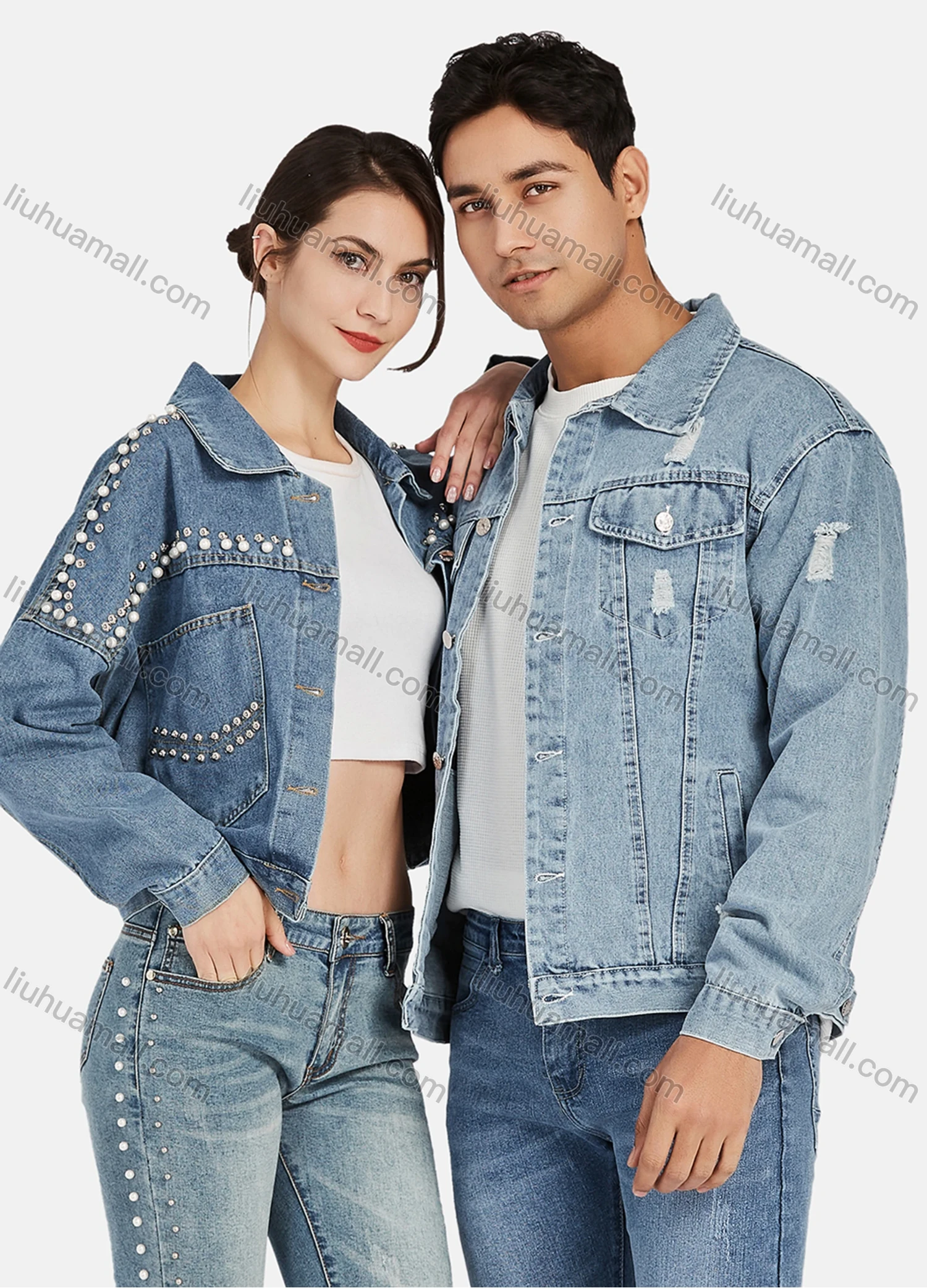 Wholesale Women's Casual Plain Patch Pocket Rivet Pearl Rhinestone Decor Long Sleeve Button Down Crop Denim Jacklet - Liuhuamall