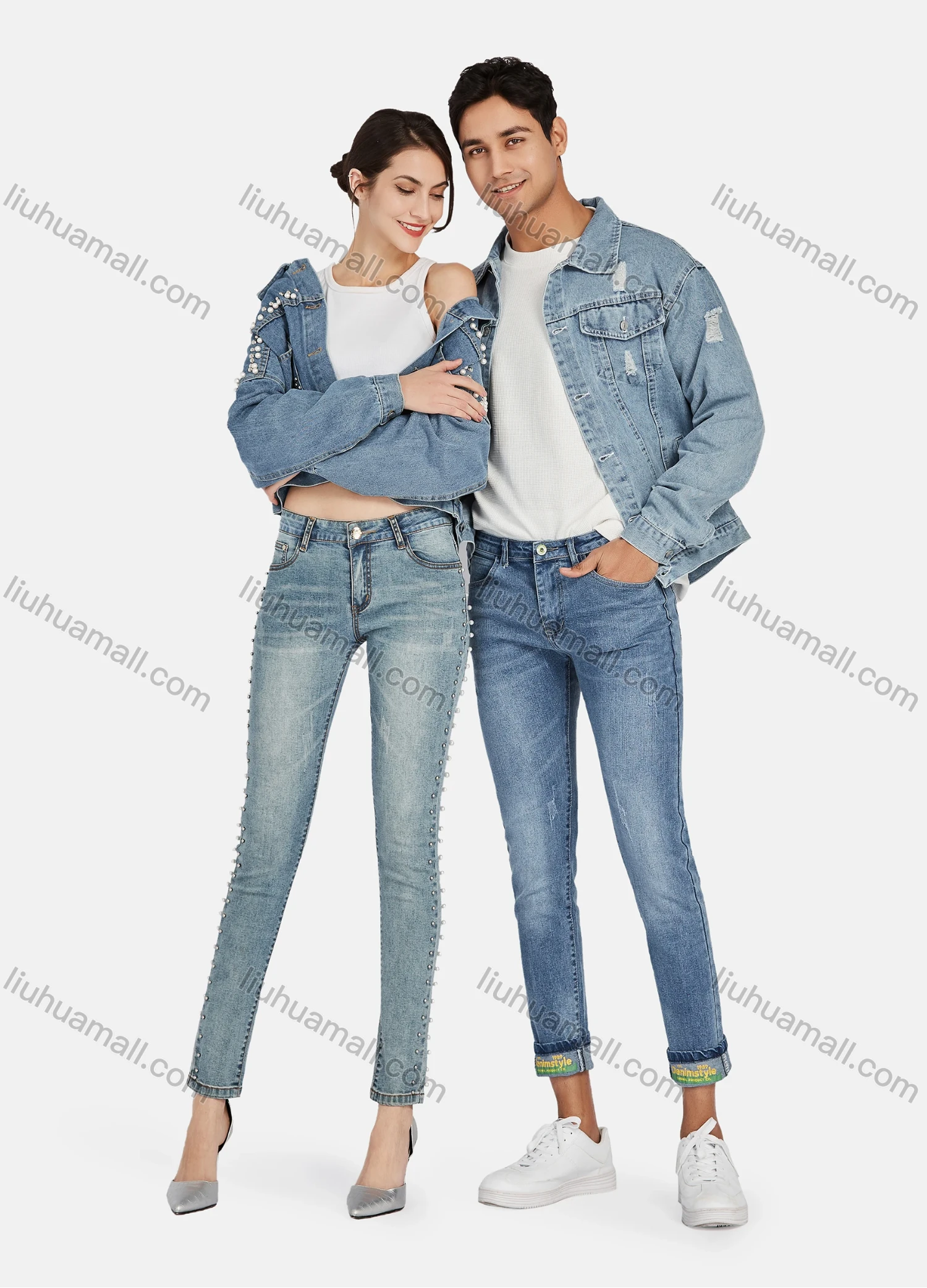 Wholesale Women's Casual Plain Patch Pocket Rivet Pearl Rhinestone Decor Long Sleeve Button Down Crop Denim Jacklet - Liuhuamall