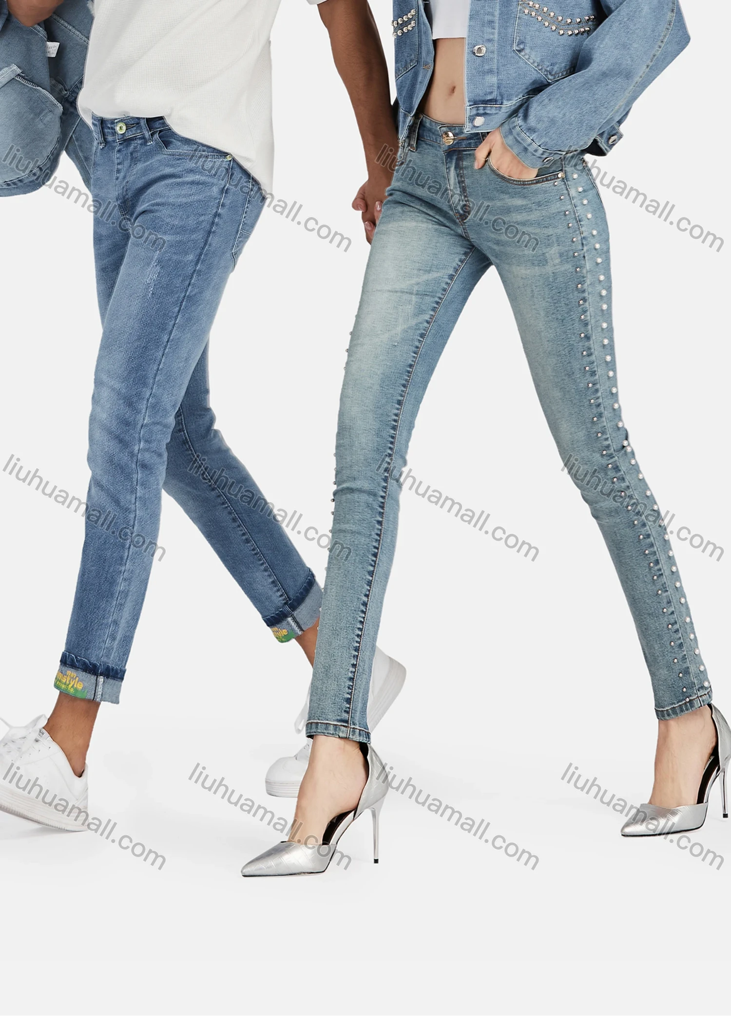 Wholesale Women's Casual Distressed Skinny Fit Ankle Length High Waist Pearl Decor Trim Denim Pants - Liuhuamall