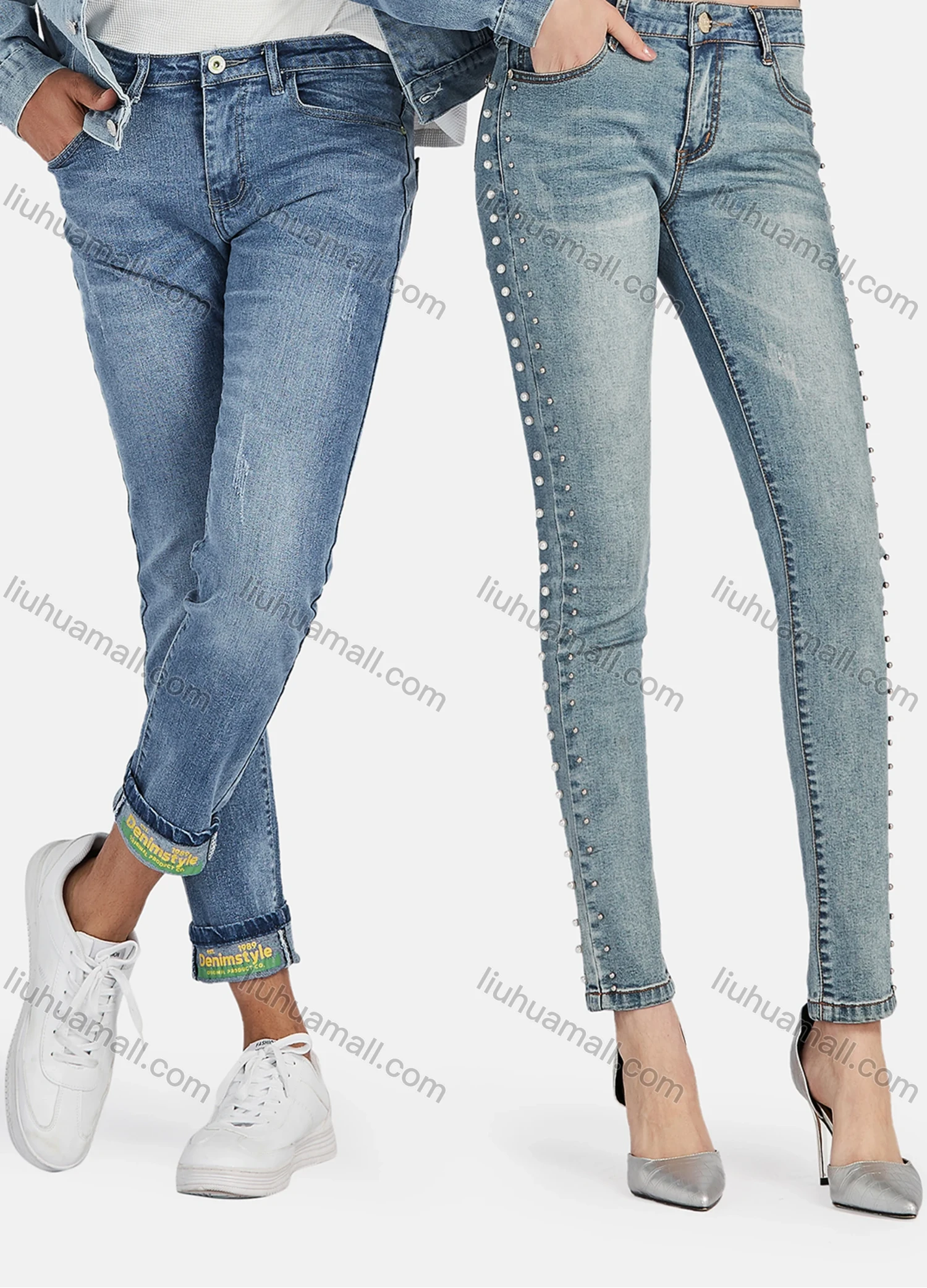 Wholesale Women's Casual Distressed Skinny Fit Ankle Length High Waist Pearl Decor Trim Denim Pants - Liuhuamall