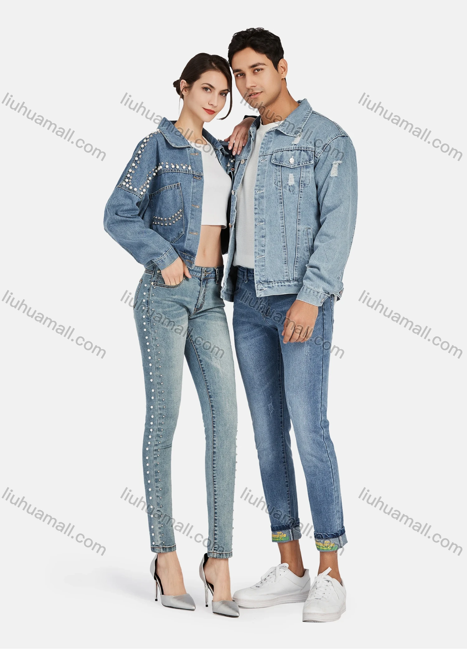 Wholesale Women's Casual Distressed Skinny Fit Ankle Length High Waist Pearl Decor Trim Denim Pants - Liuhuamall