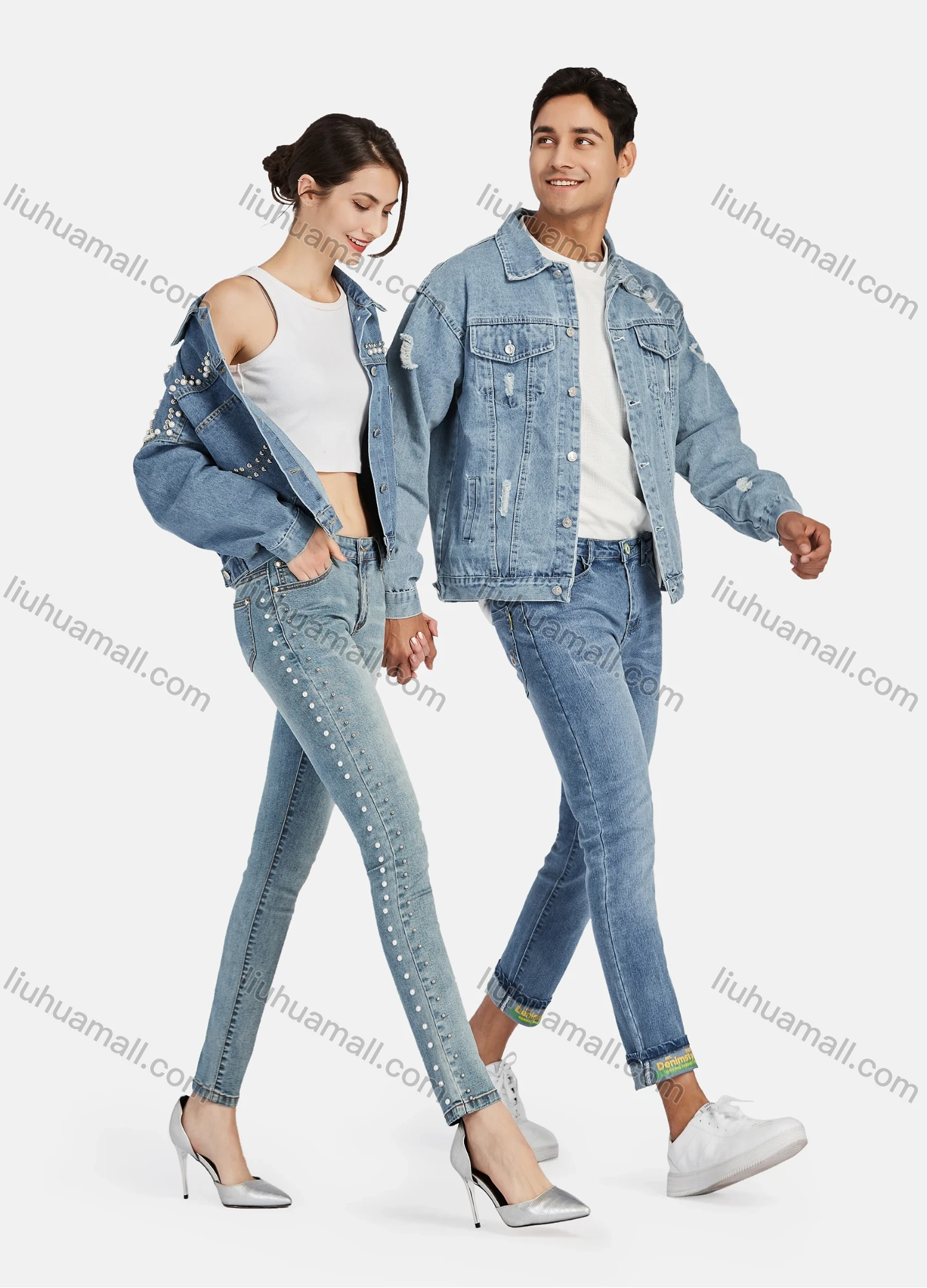 Wholesale Men's Casual Distressed High Waist Rolled Leg Letter Print Denim Pants - Liuhuamall