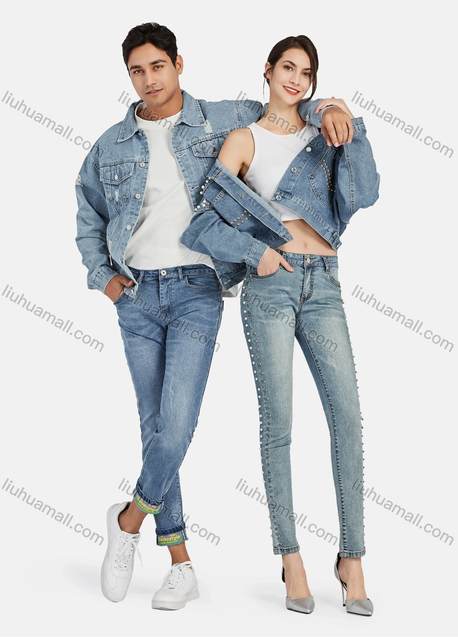 Wholesale Men's Casual Distressed High Waist Rolled Leg Letter Print Denim Pants - Liuhuamall