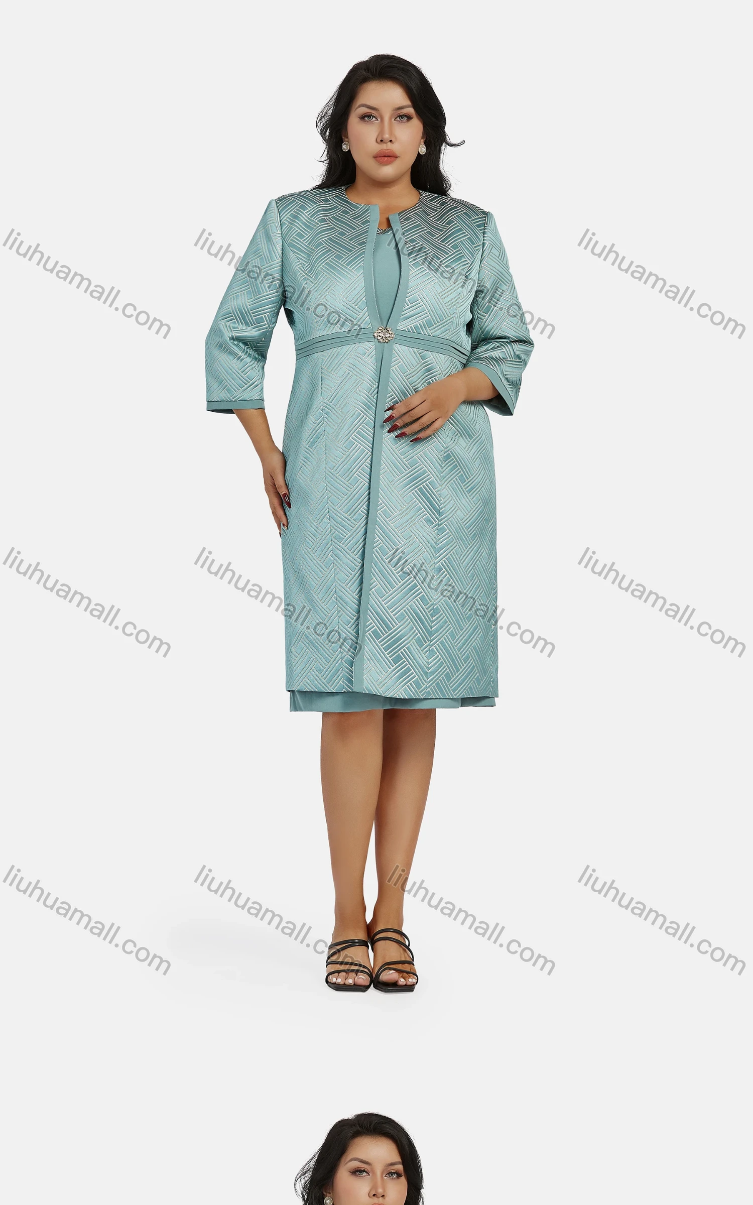 Wholesale Women's Elegant 3/4 Sleeve High Waist Geometric Cardigan & Tank Dress 2-piece Set 21792# - Liuhuamall
