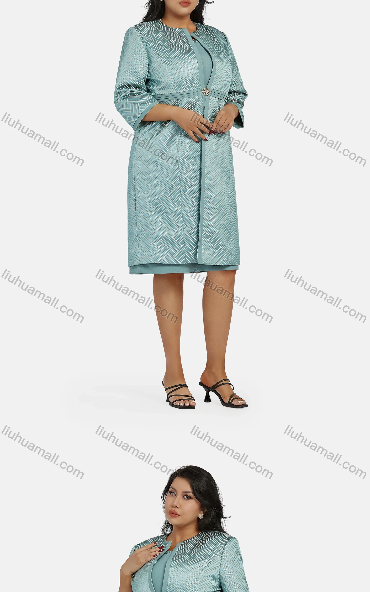 Wholesale Women's Elegant 3/4 Sleeve High Waist Geometric Cardigan & Tank Dress 2-piece Set 21792# - Liuhuamall