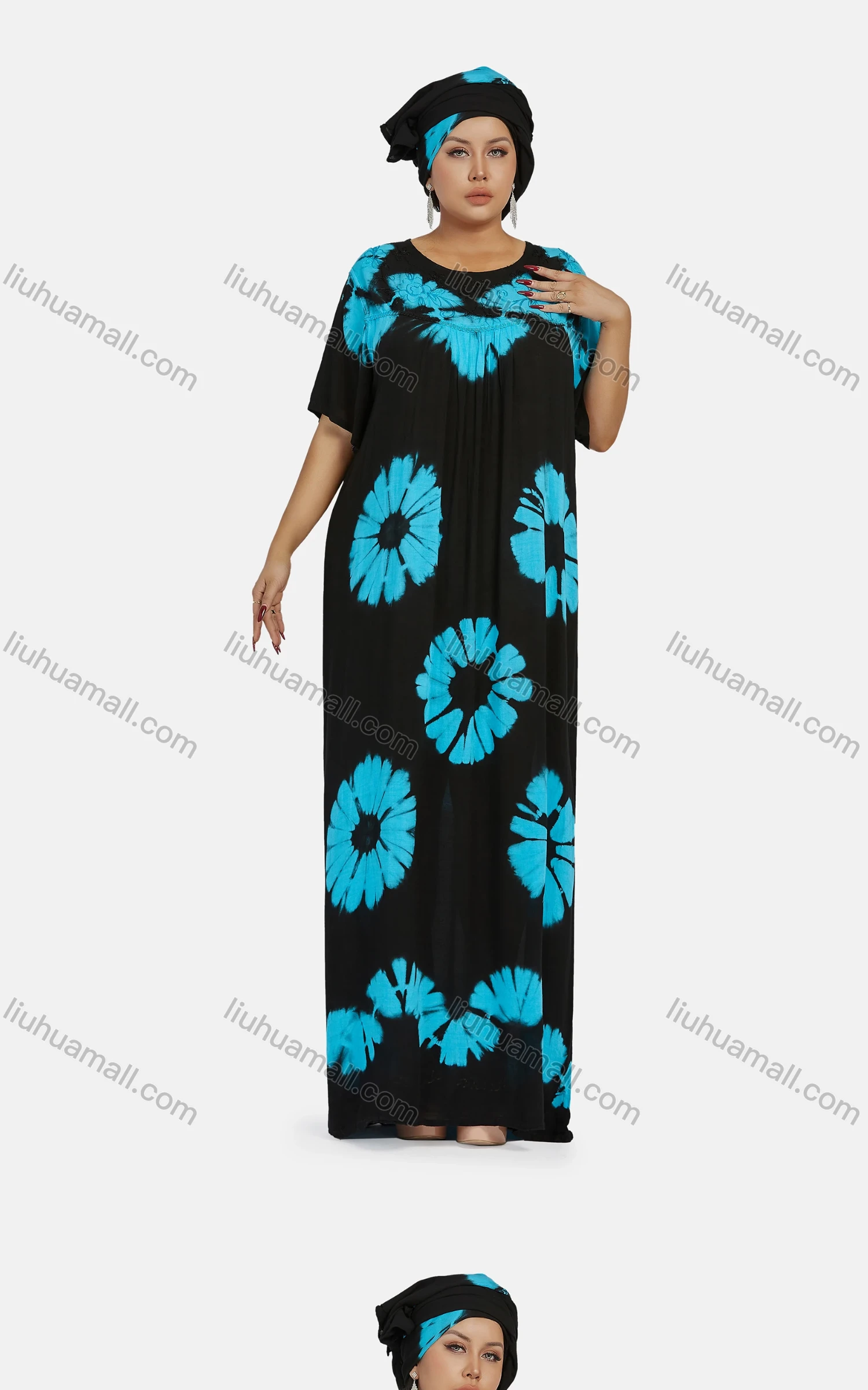 Wholesale Women's African Vintage Floral Crew Neck Ruched Plus Size Floor Length Dress With Scarf - Liuhuamall