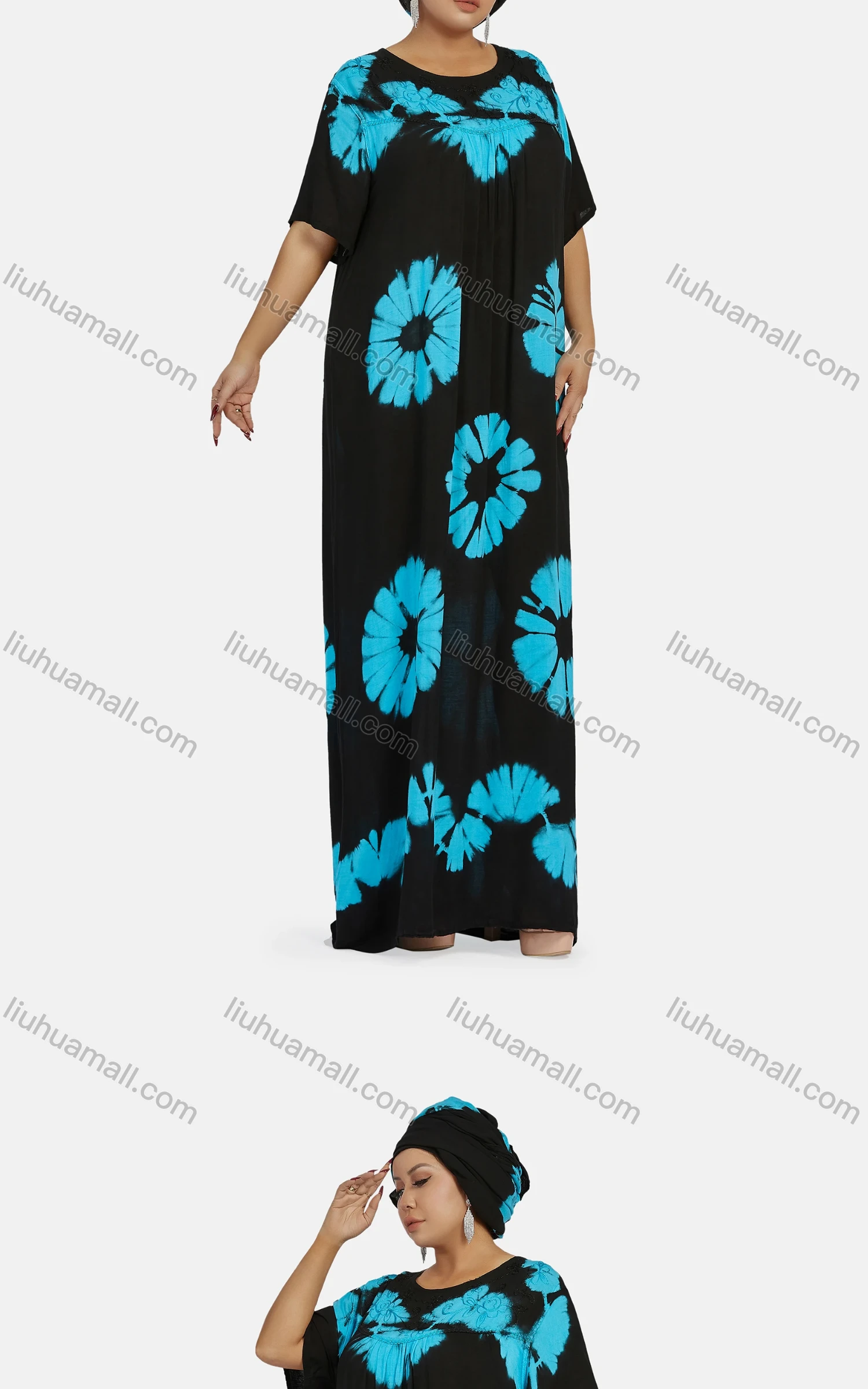Wholesale Women's African Vintage Floral Crew Neck Ruched Plus Size Floor Length Dress With Scarf - Liuhuamall