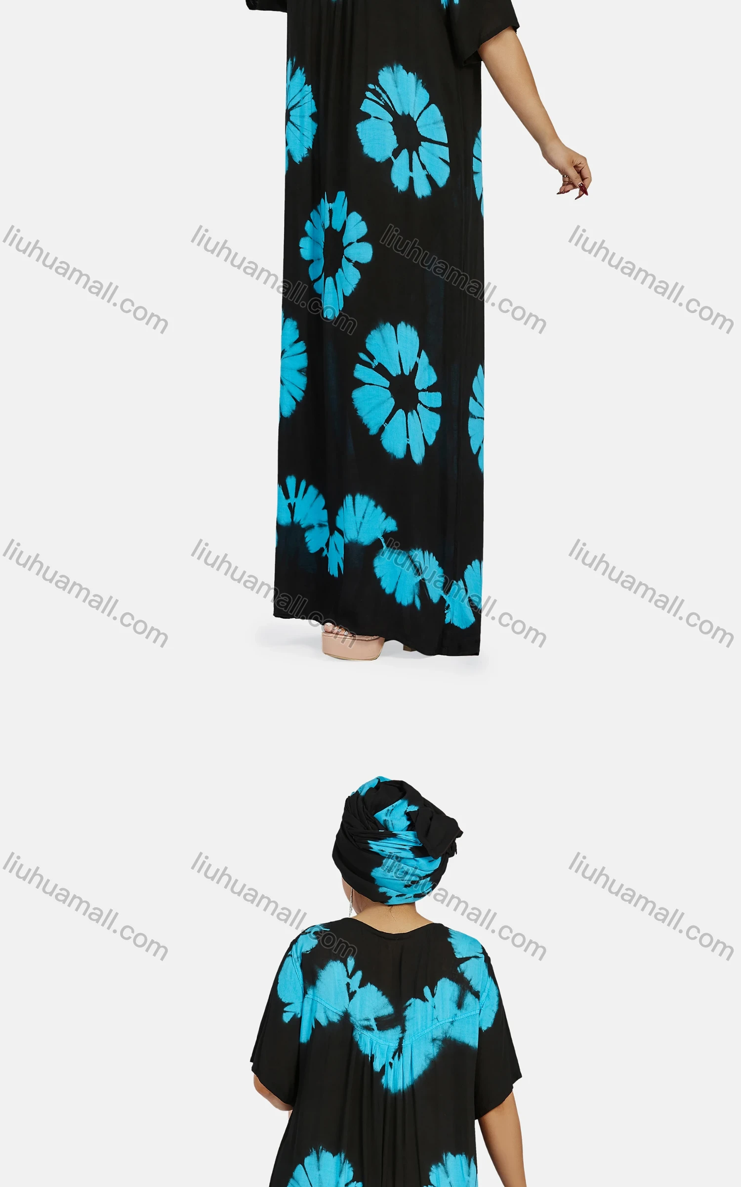 Wholesale Women's African Vintage Floral Crew Neck Ruched Plus Size Floor Length Dress With Scarf - Liuhuamall