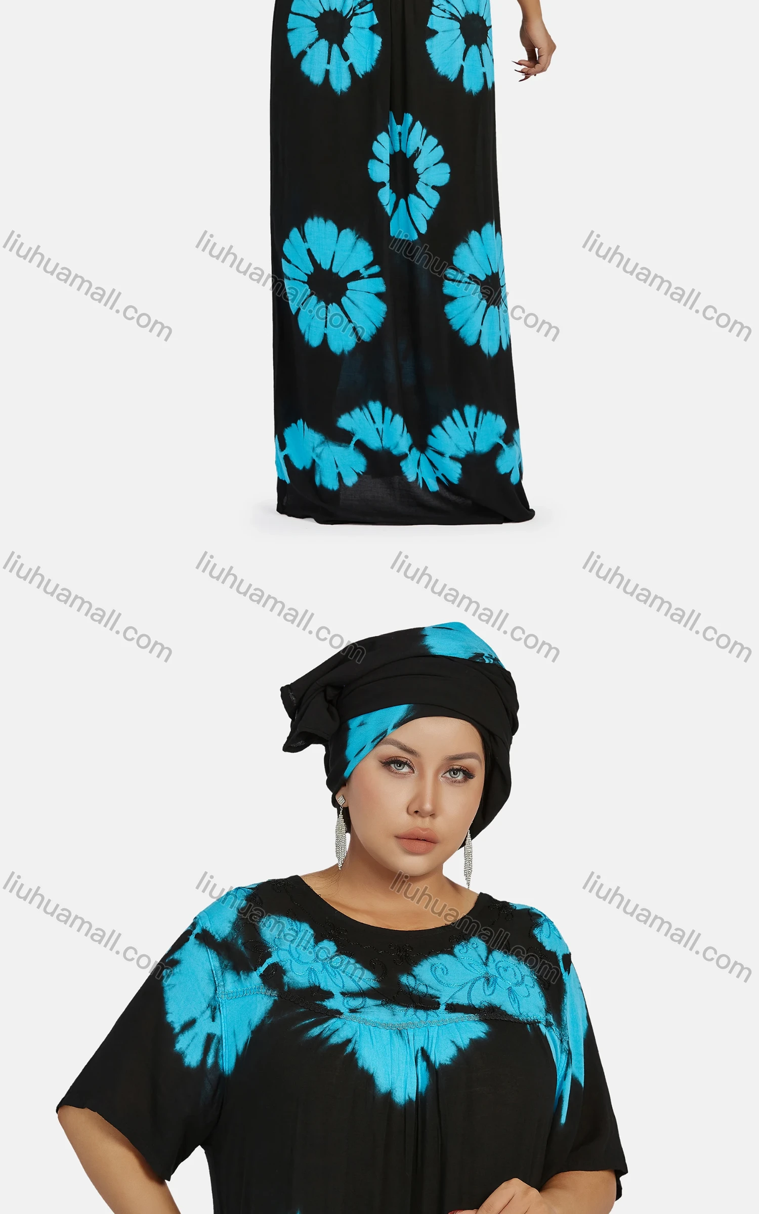 Wholesale Women's African Vintage Floral Crew Neck Ruched Plus Size Floor Length Dress With Scarf - Liuhuamall