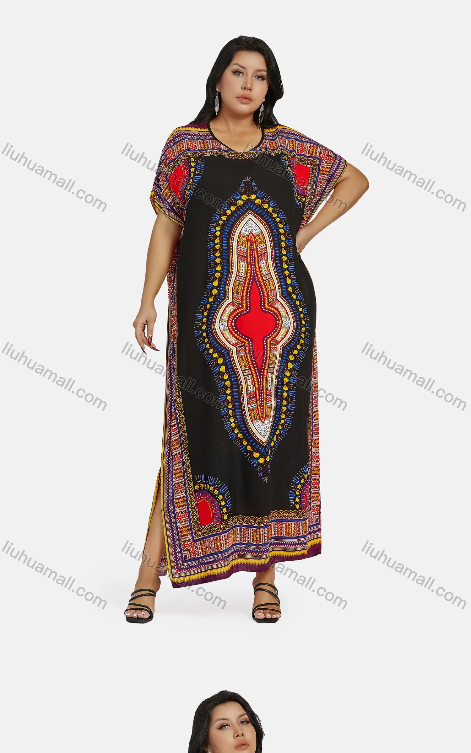 Wholesale Women's African Vintage Floral Crew Neck Short Sleeve Plus Size Folk Art Split Side Maxi Dress - Liuhuamall