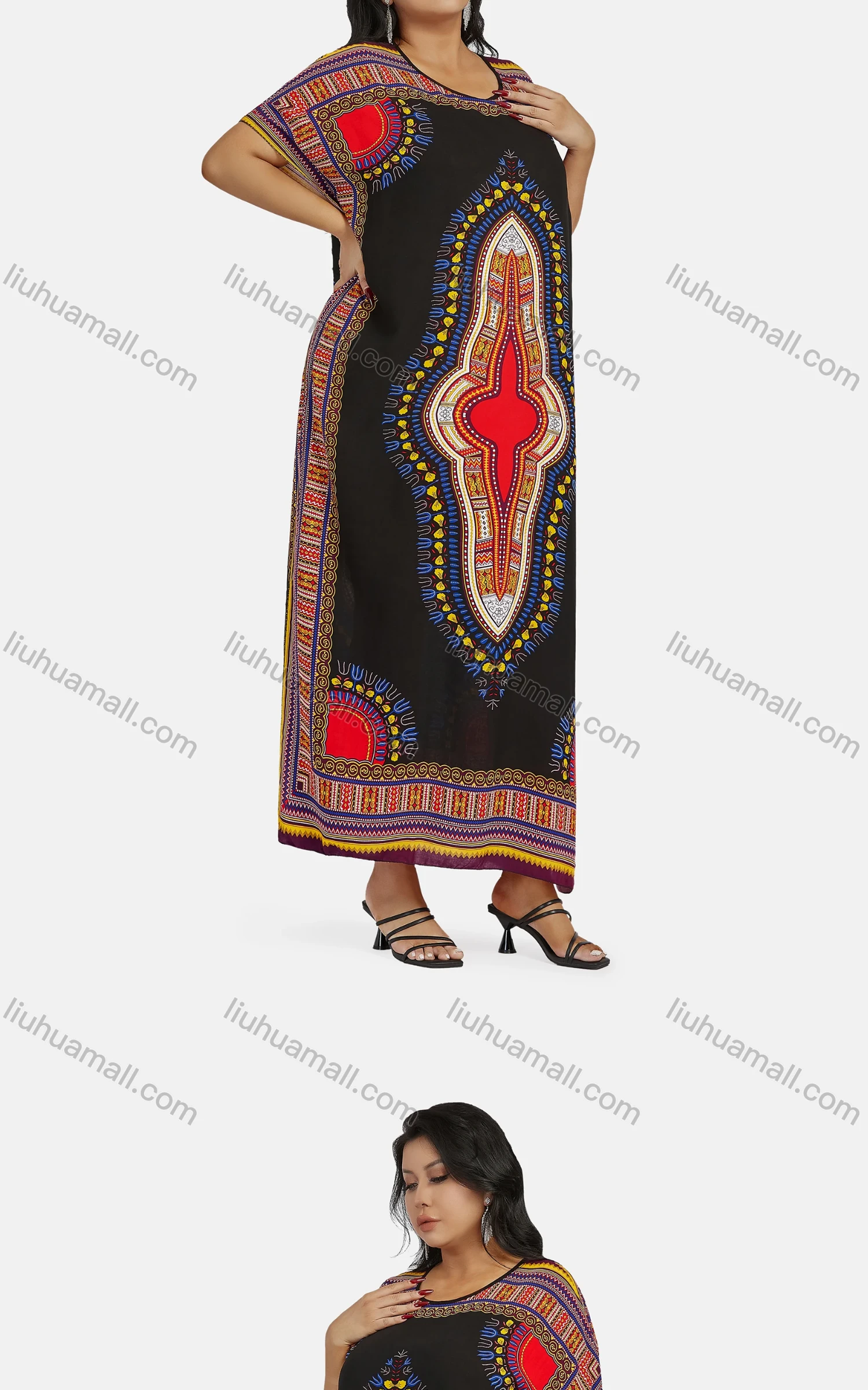 Wholesale Women's African Vintage Floral Crew Neck Short Sleeve Plus Size Folk Art Split Side Maxi Dress - Liuhuamall