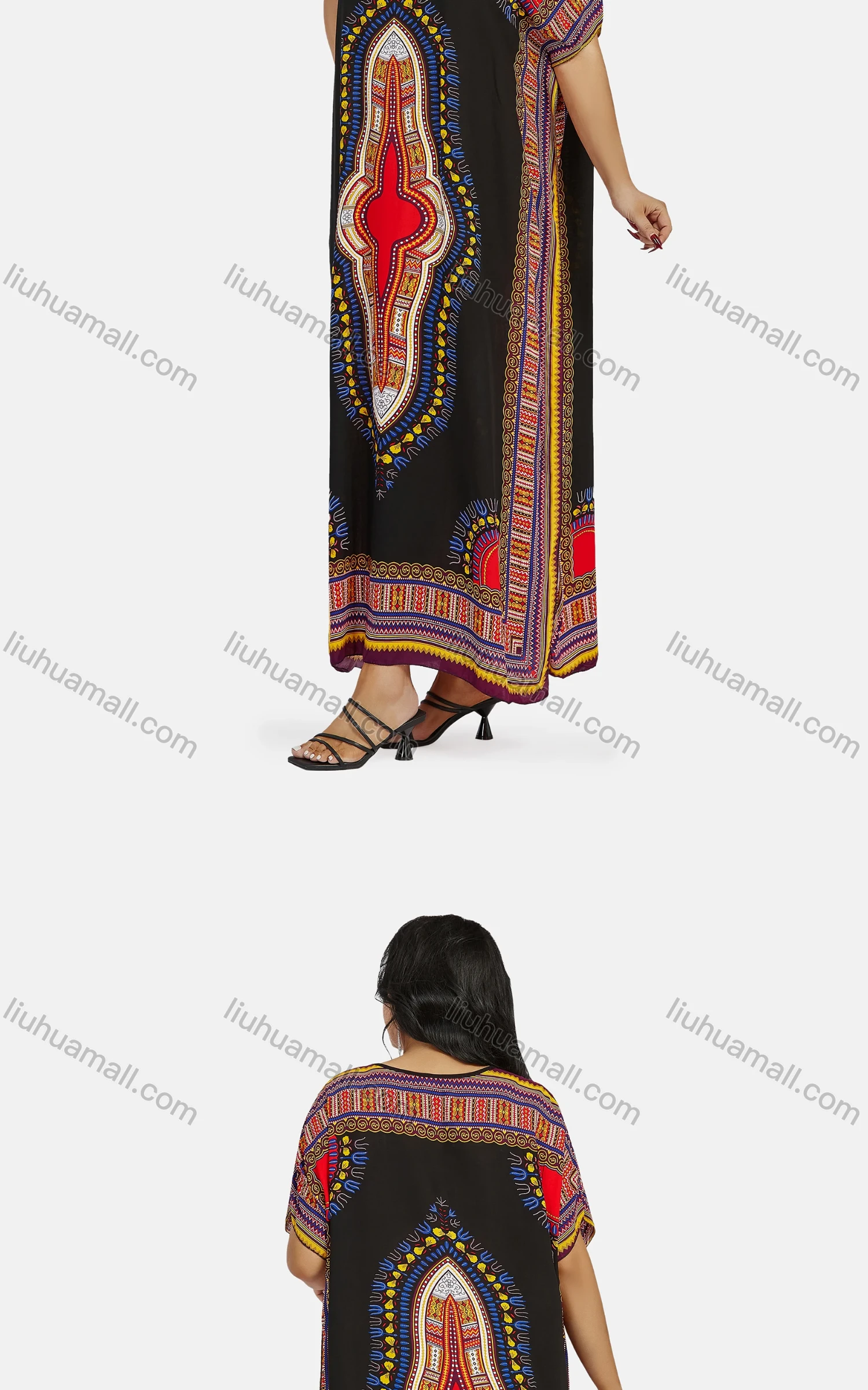 Wholesale Women's African Vintage Floral Crew Neck Short Sleeve Plus Size Folk Art Split Side Maxi Dress - Liuhuamall
