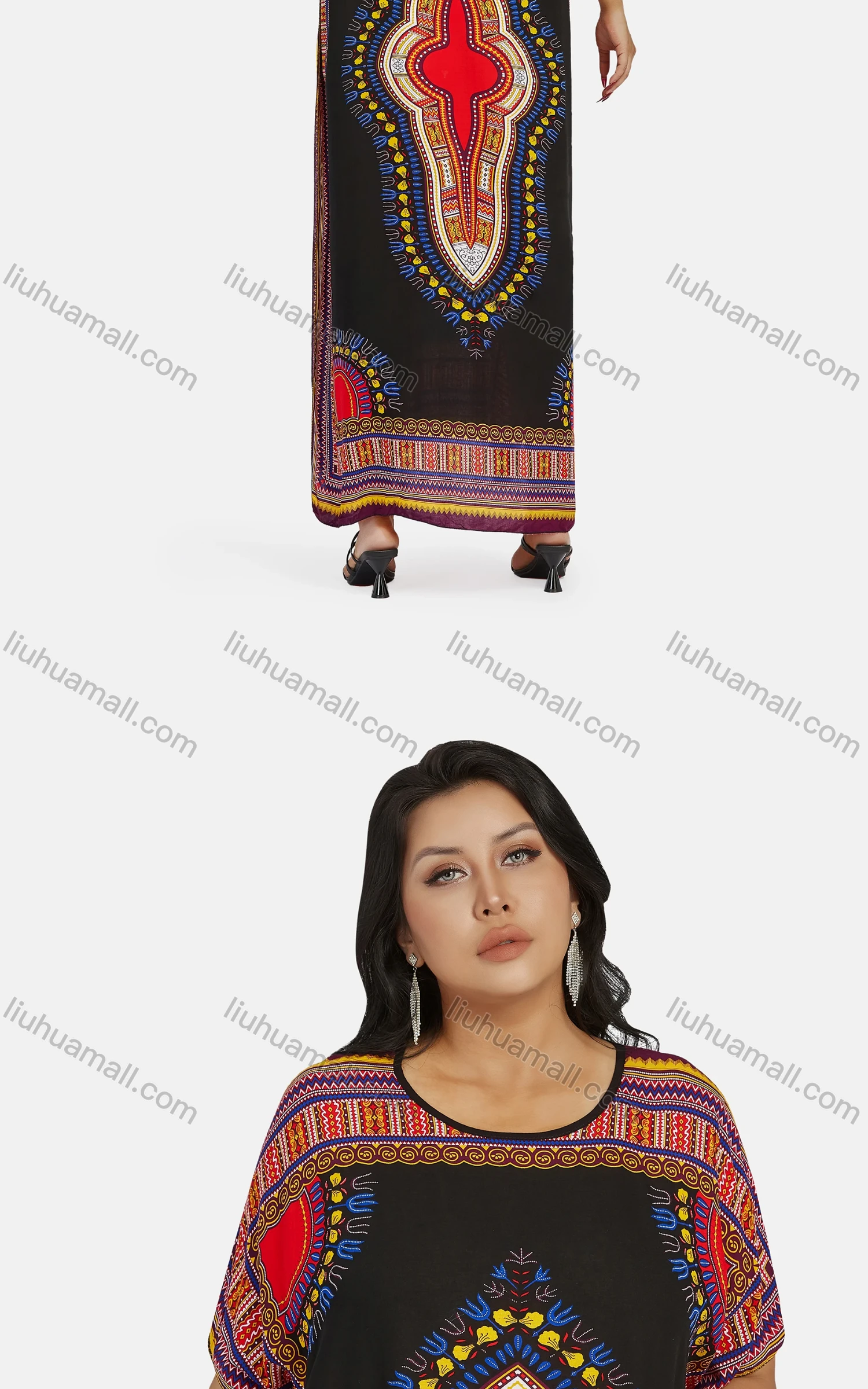 Wholesale Women's African Vintage Floral Crew Neck Short Sleeve Plus Size Folk Art Split Side Maxi Dress - Liuhuamall