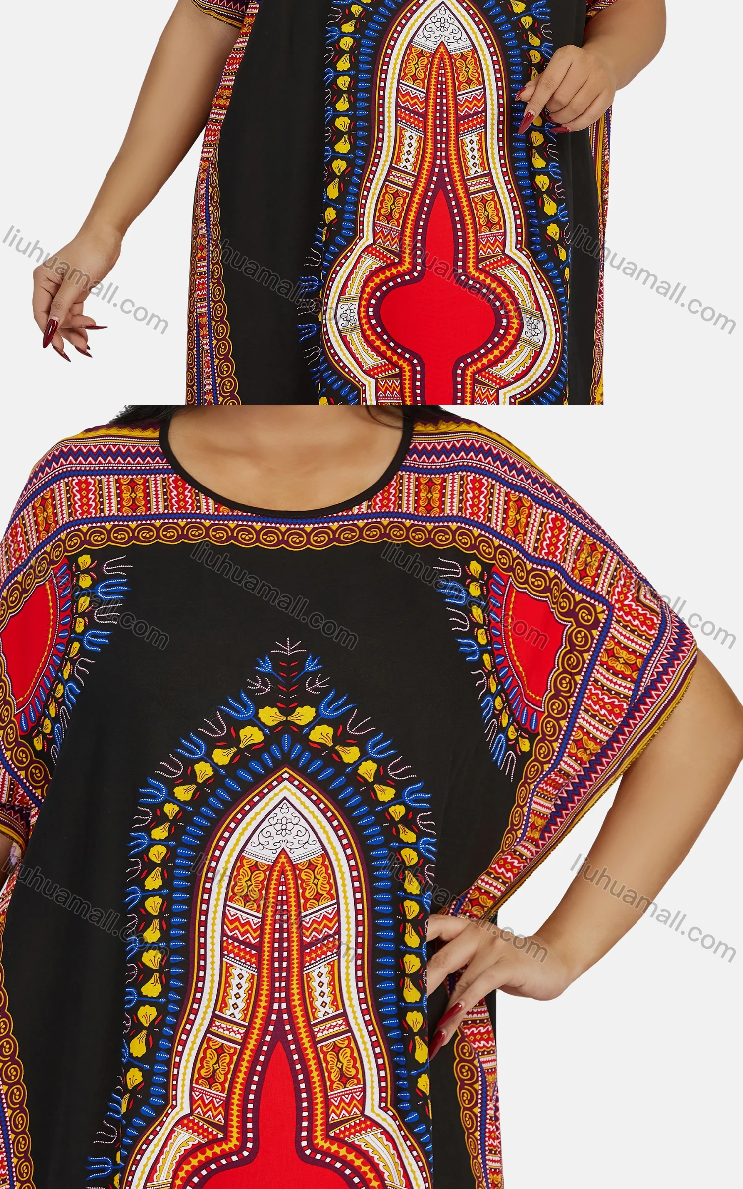 Wholesale Women's African Vintage Floral Crew Neck Short Sleeve Plus Size Folk Art Split Side Maxi Dress - Liuhuamall