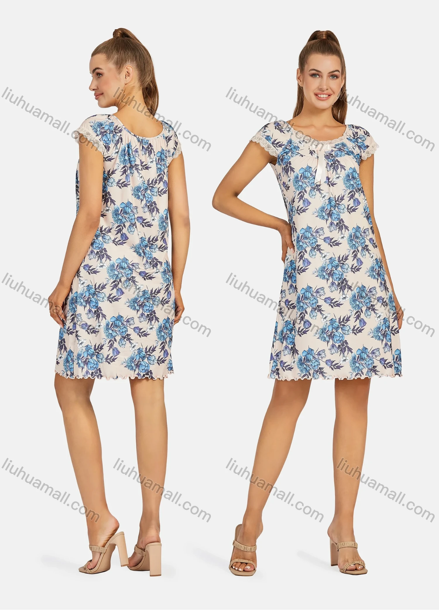 Wholesale Women's Casual Floral Print Lace Trim Bow Knot Short Sleeve Knee Length Dress y01# - Liuhuamall