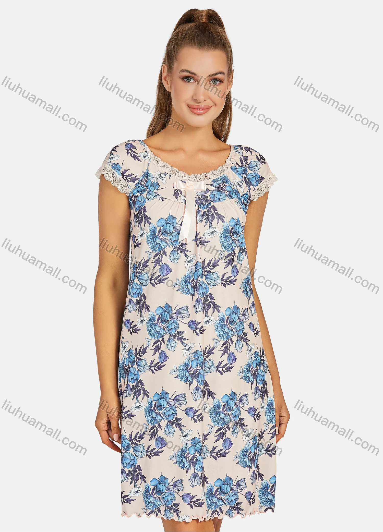 Wholesale Women's Casual Floral Print Lace Trim Bow Knot Short Sleeve Knee Length Dress y01# - Liuhuamall