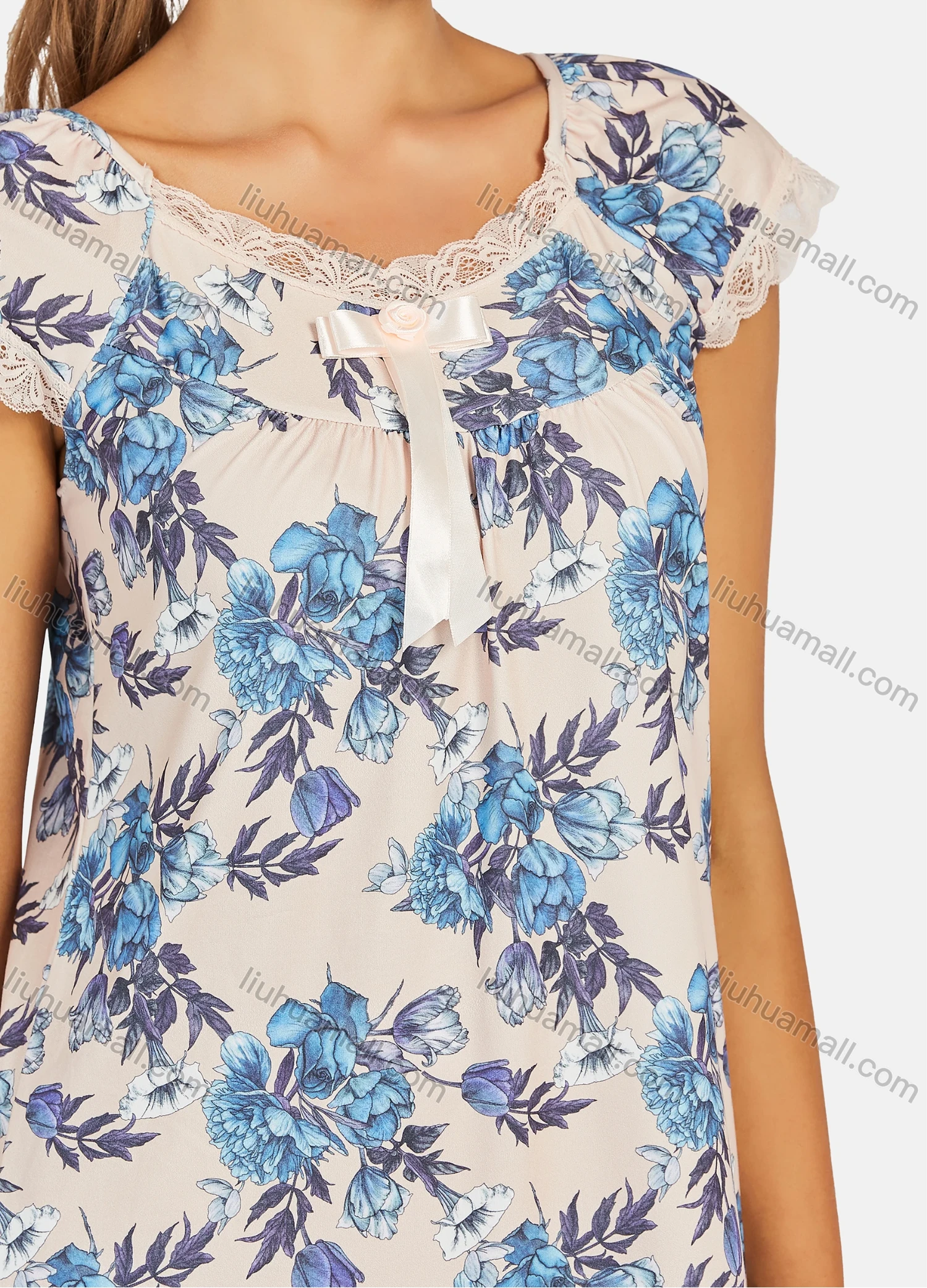 Wholesale Women's Casual Floral Print Lace Trim Bow Knot Short Sleeve Knee Length Dress y01# - Liuhuamall