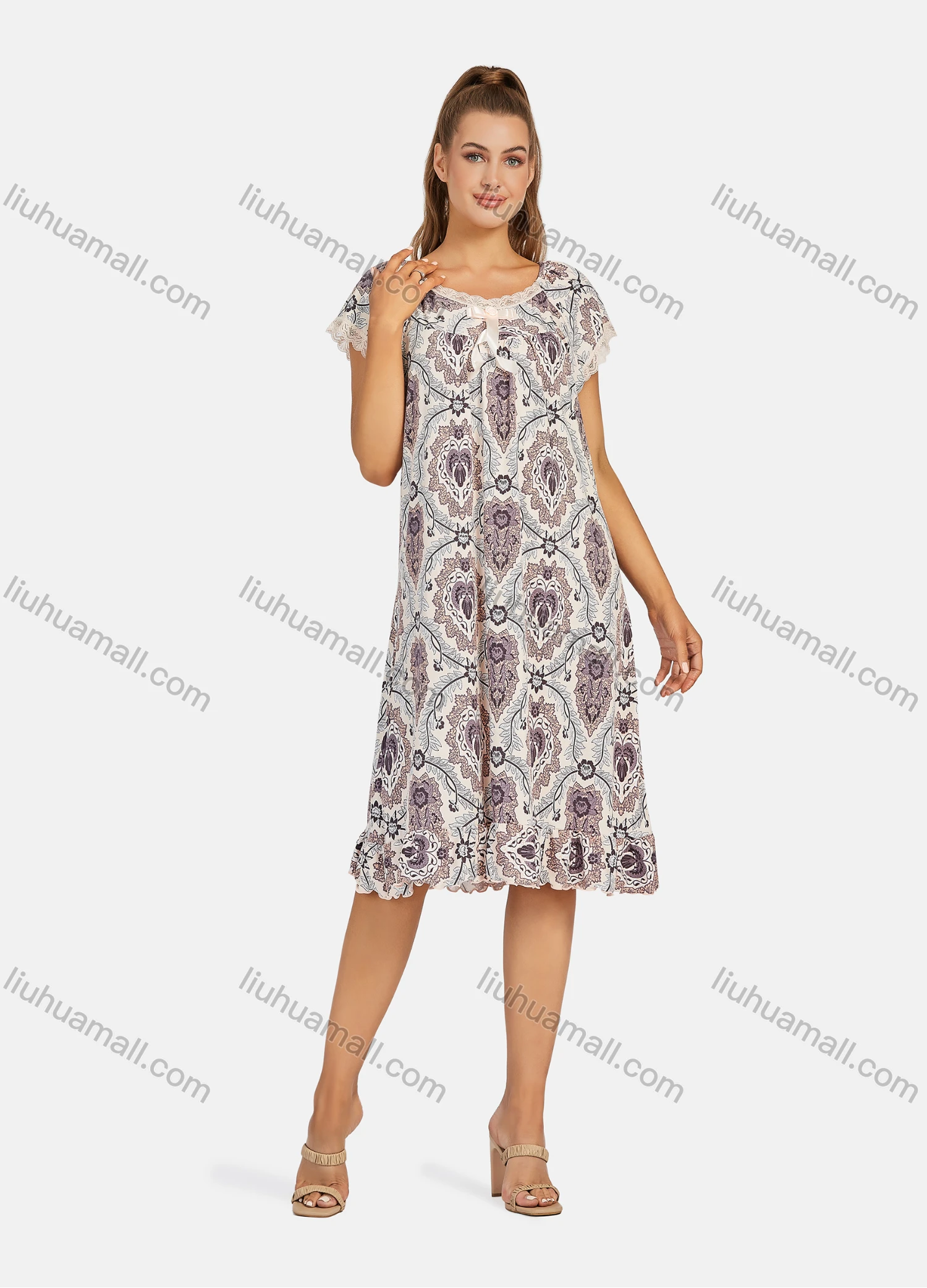 Wholesale Women's Casual Vintage Allover Print Lace Trim Bow Knot Short Sleeve Knee Length Dress y02# - Liuhuamall