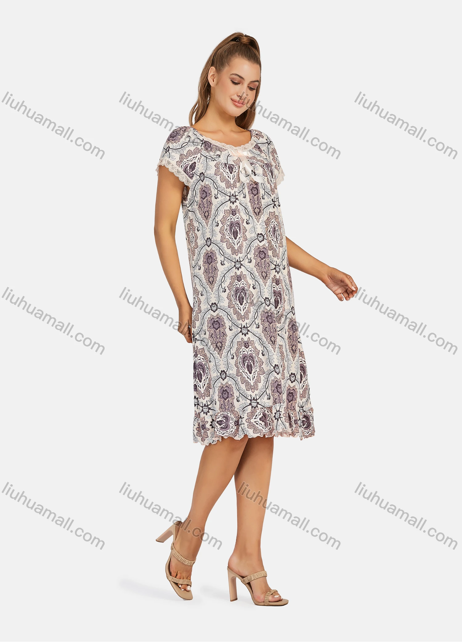 Wholesale Women's Casual Vintage Allover Print Lace Trim Bow Knot Short Sleeve Knee Length Dress y02# - Liuhuamall