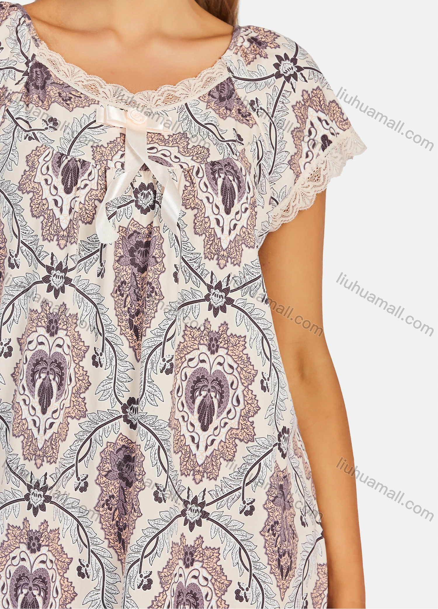 Wholesale Women's Casual Vintage Allover Print Lace Trim Bow Knot Short Sleeve Knee Length Dress y02# - Liuhuamall