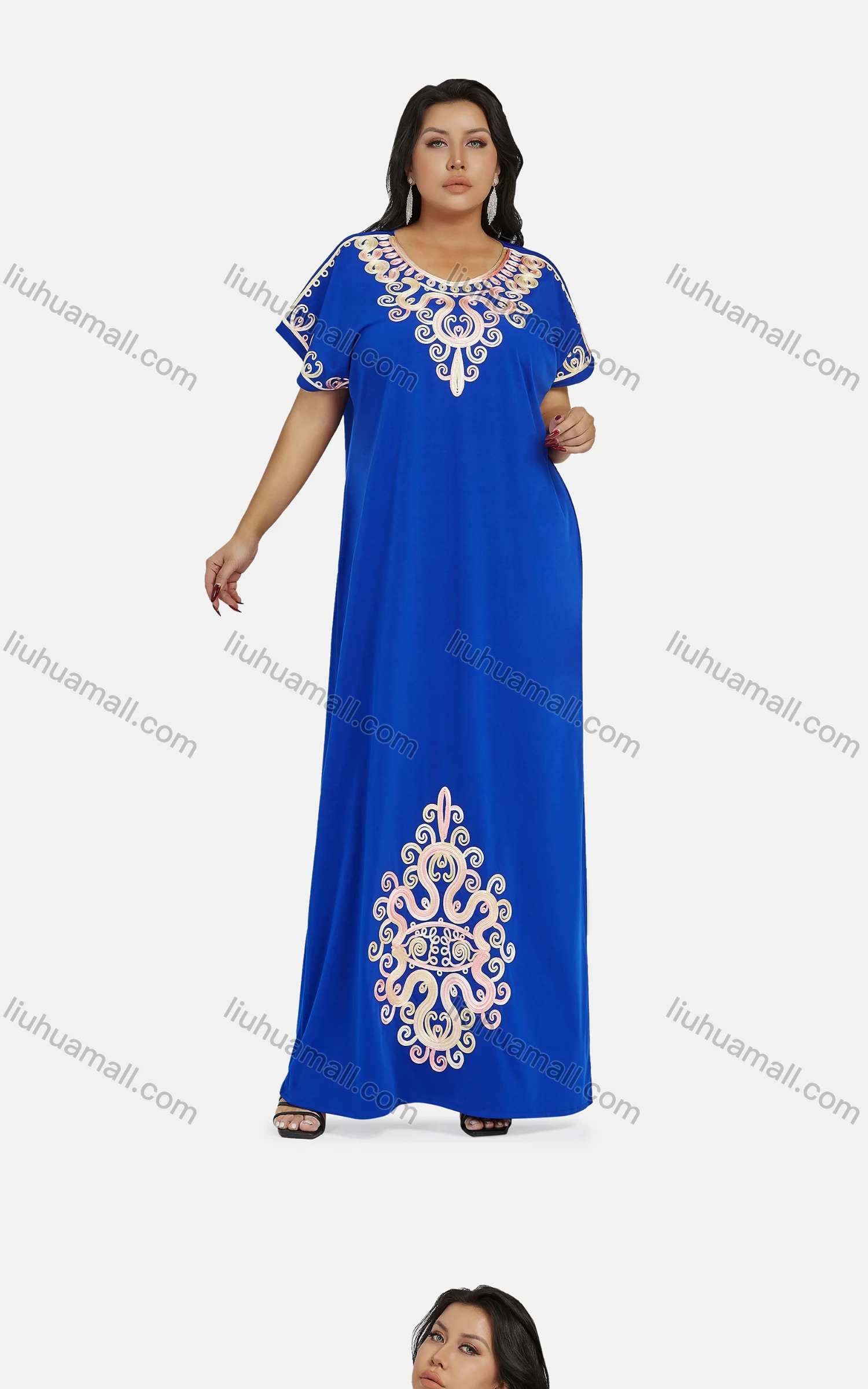 Wholesale Women's African Vintage Scoop Neck Short Sleeve Plus Size Embroidered Folk Art Floor Length Dress - Liuhuamall