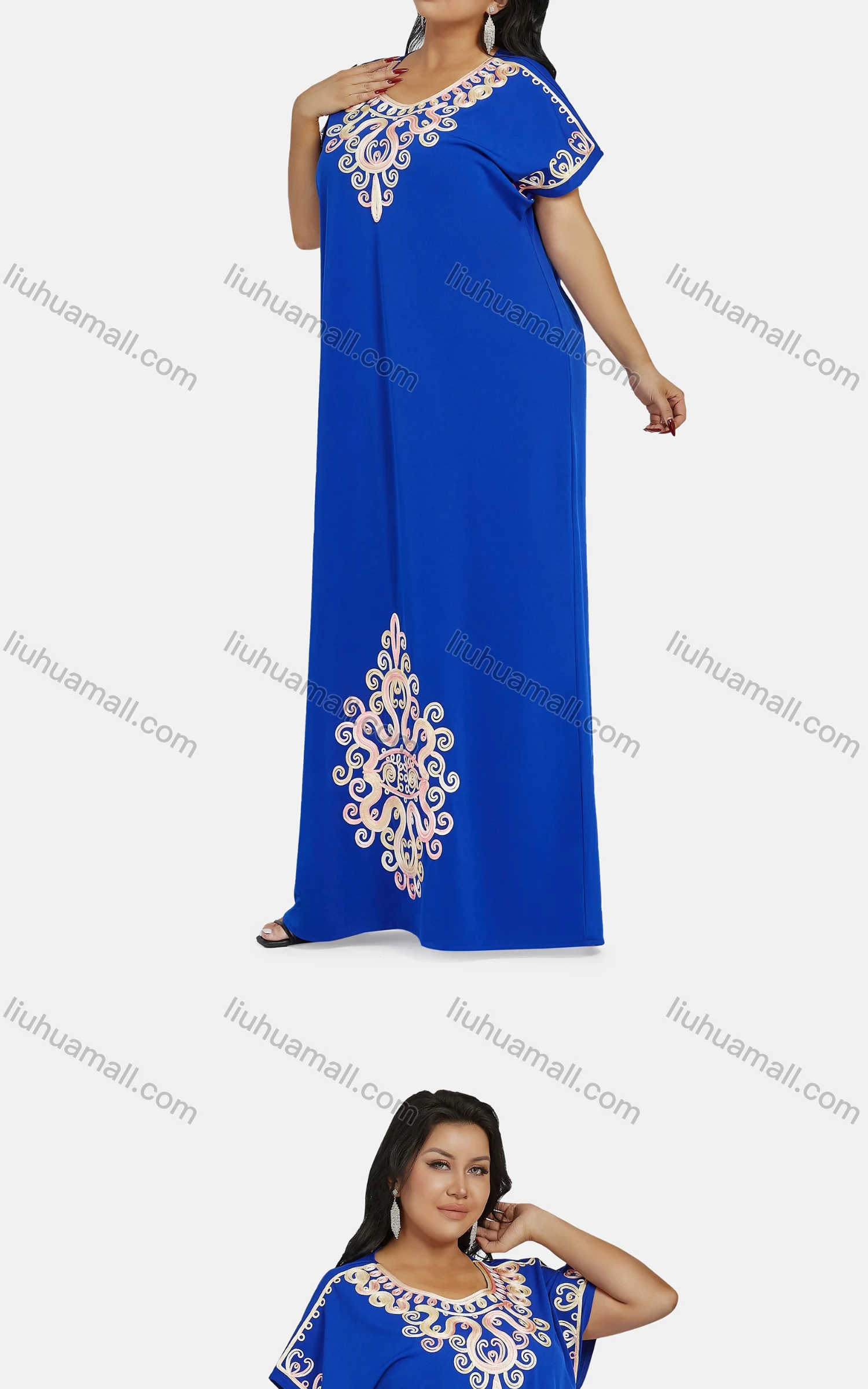Wholesale Women's African Vintage Scoop Neck Short Sleeve Plus Size Embroidered Folk Art Floor Length Dress - Liuhuamall