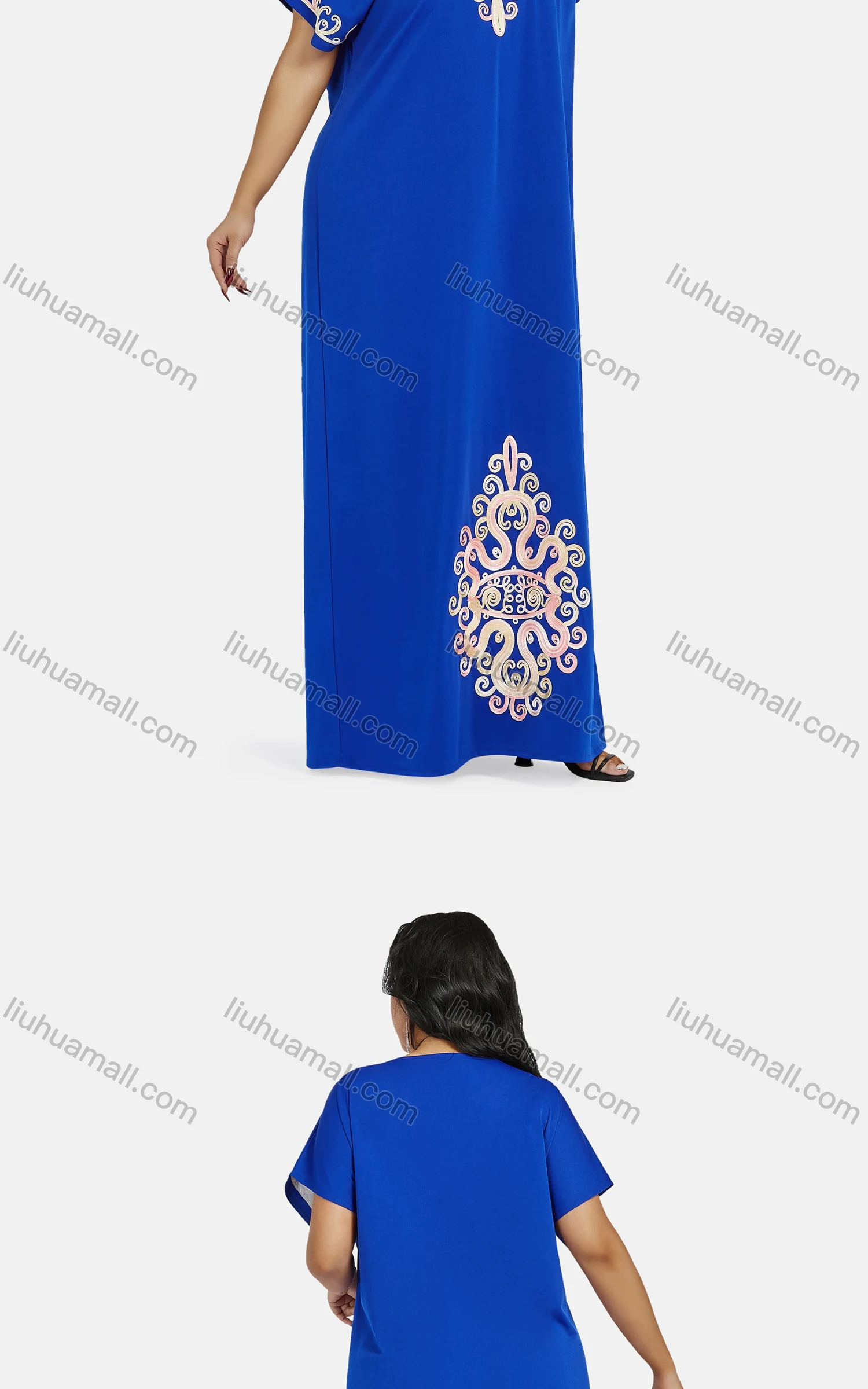Wholesale Women's African Vintage Scoop Neck Short Sleeve Plus Size Embroidered Folk Art Floor Length Dress - Liuhuamall