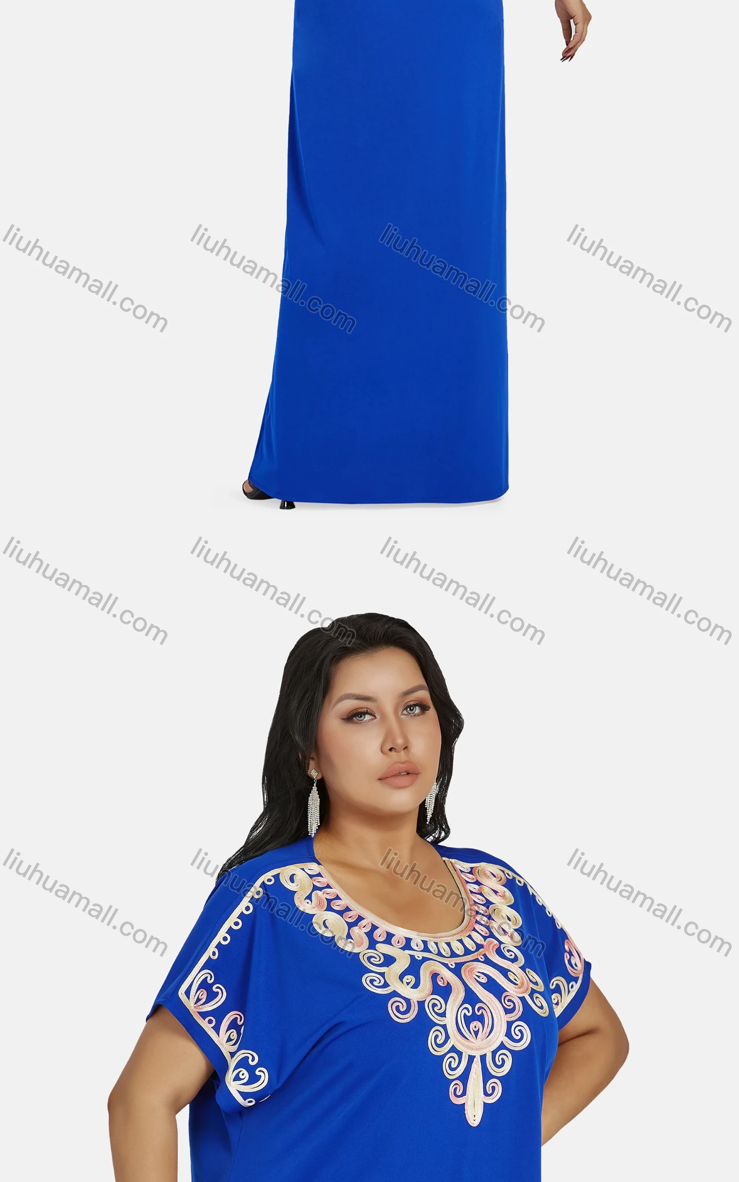Wholesale Women's African Vintage Scoop Neck Short Sleeve Plus Size Embroidered Folk Art Floor Length Dress - Liuhuamall