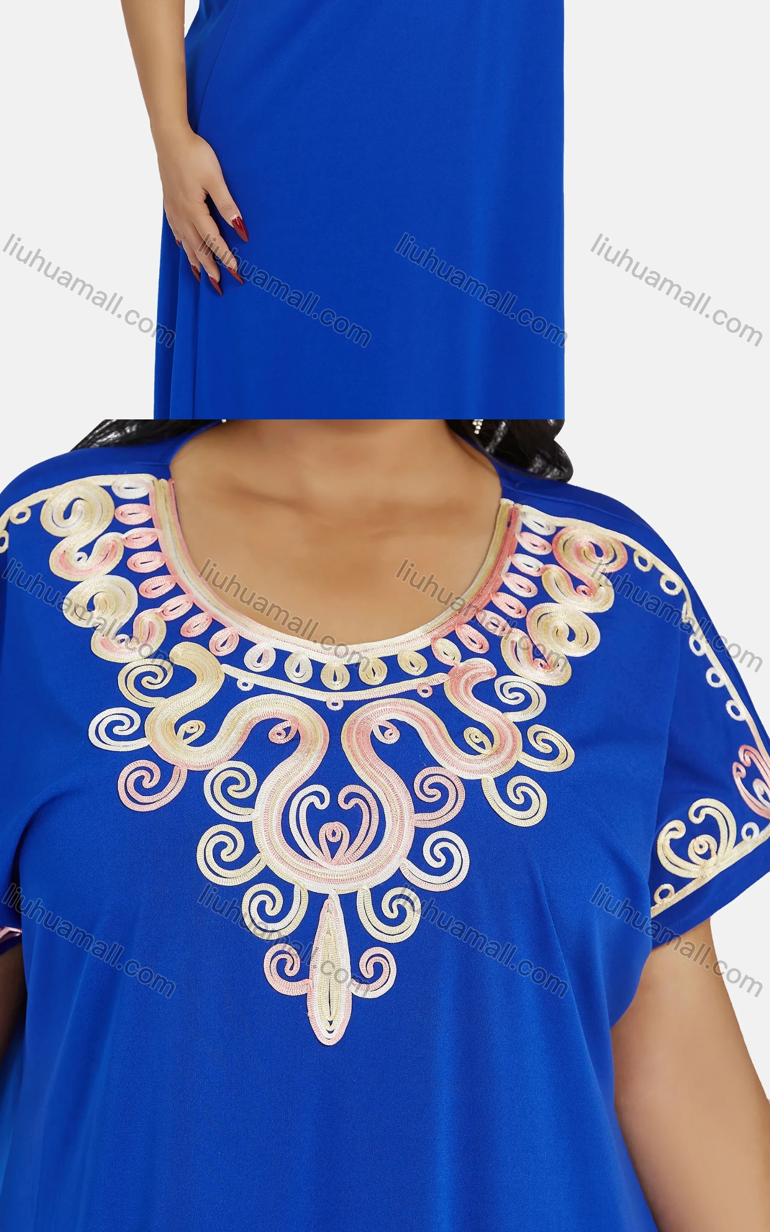 Wholesale Women's African Vintage Scoop Neck Short Sleeve Plus Size Embroidered Folk Art Floor Length Dress - Liuhuamall