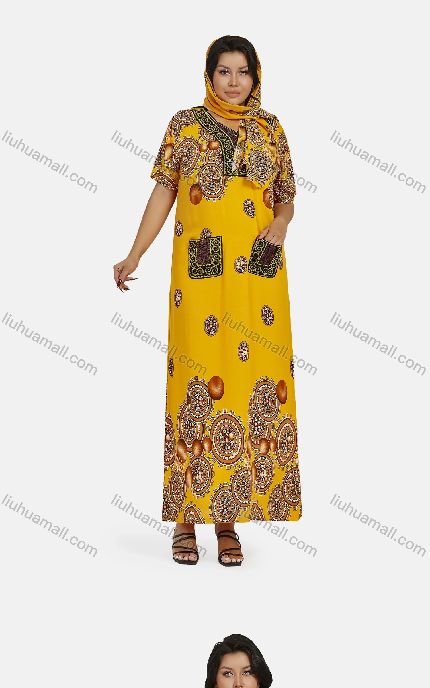 Wholesale Women's African Vintage V Neck Patch Pockets Plus Size Embroidered Folk Art Maxi Dress With Scarf - Liuhuamall